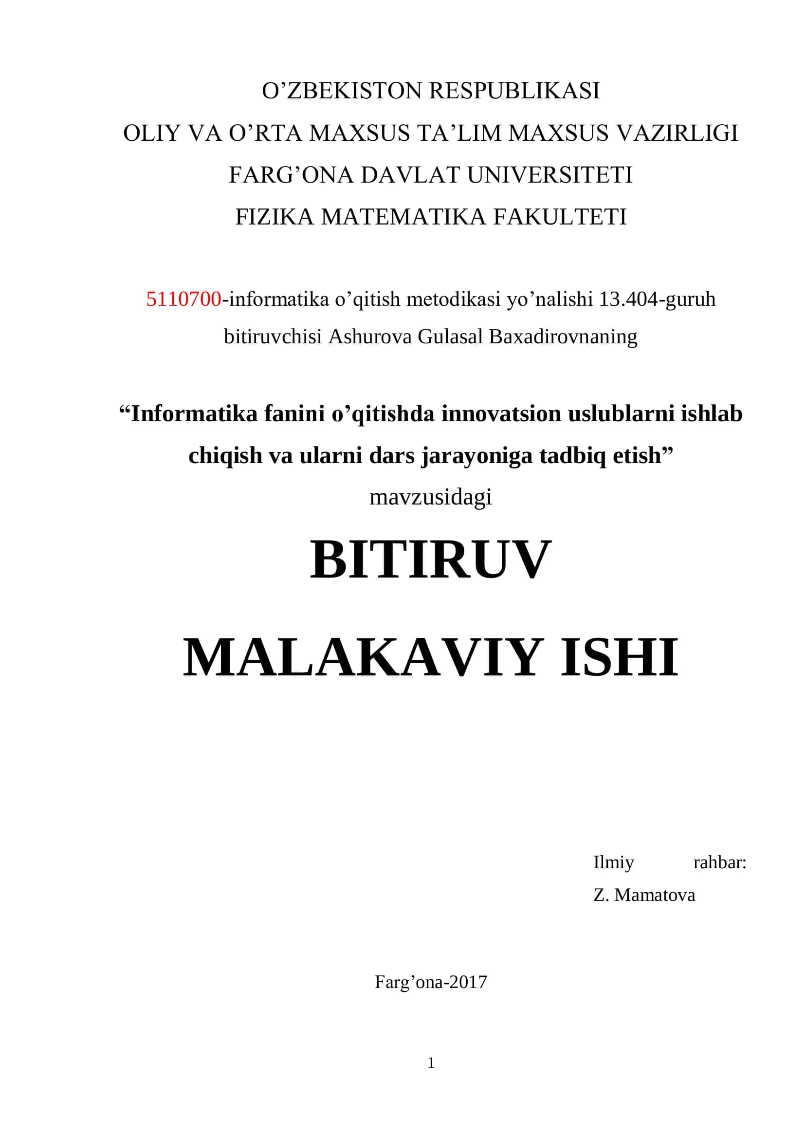 Informatika fanini o’qitishda innovatsion uslublarni ishlab