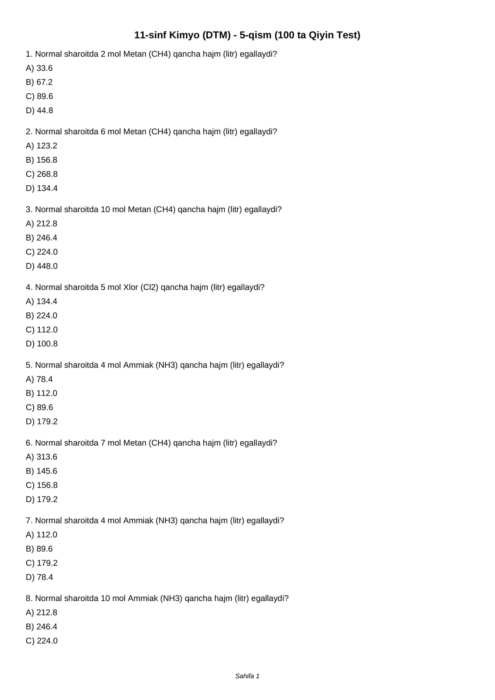 11-sinf Kimyo (DTM) - 5-qism (100 ta Qiyin Test)