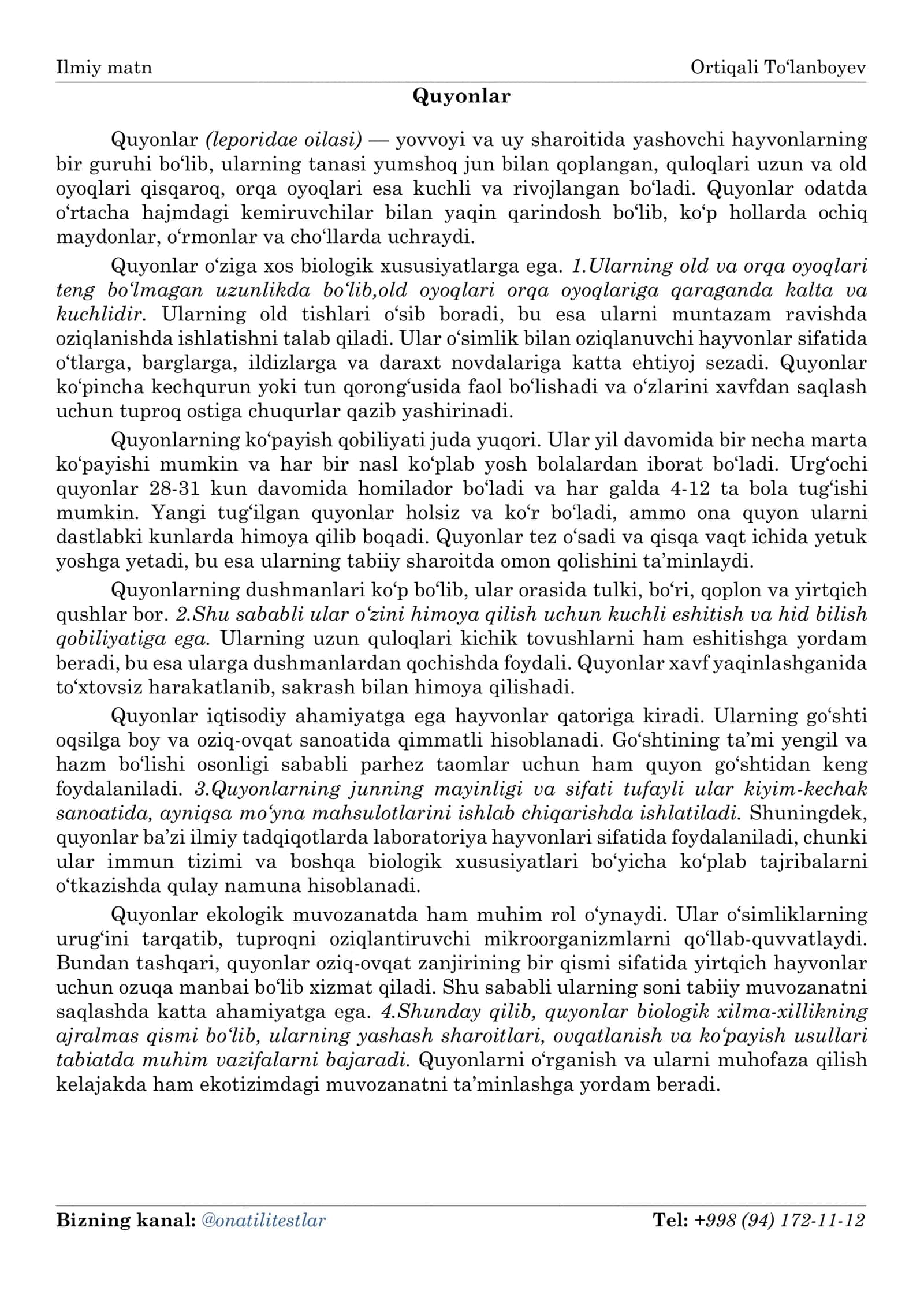 Ilmiy matn Ortiqali To‘lanboyev