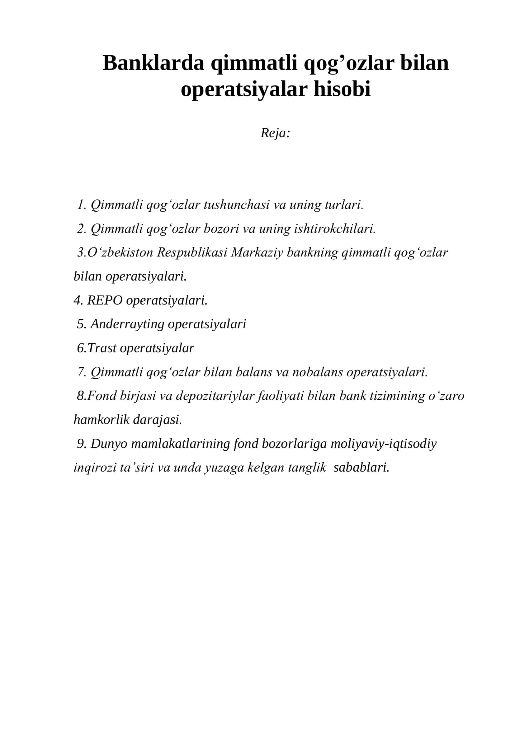 Qimmatli qog'ozlar bilan operatsiyalar hisobi