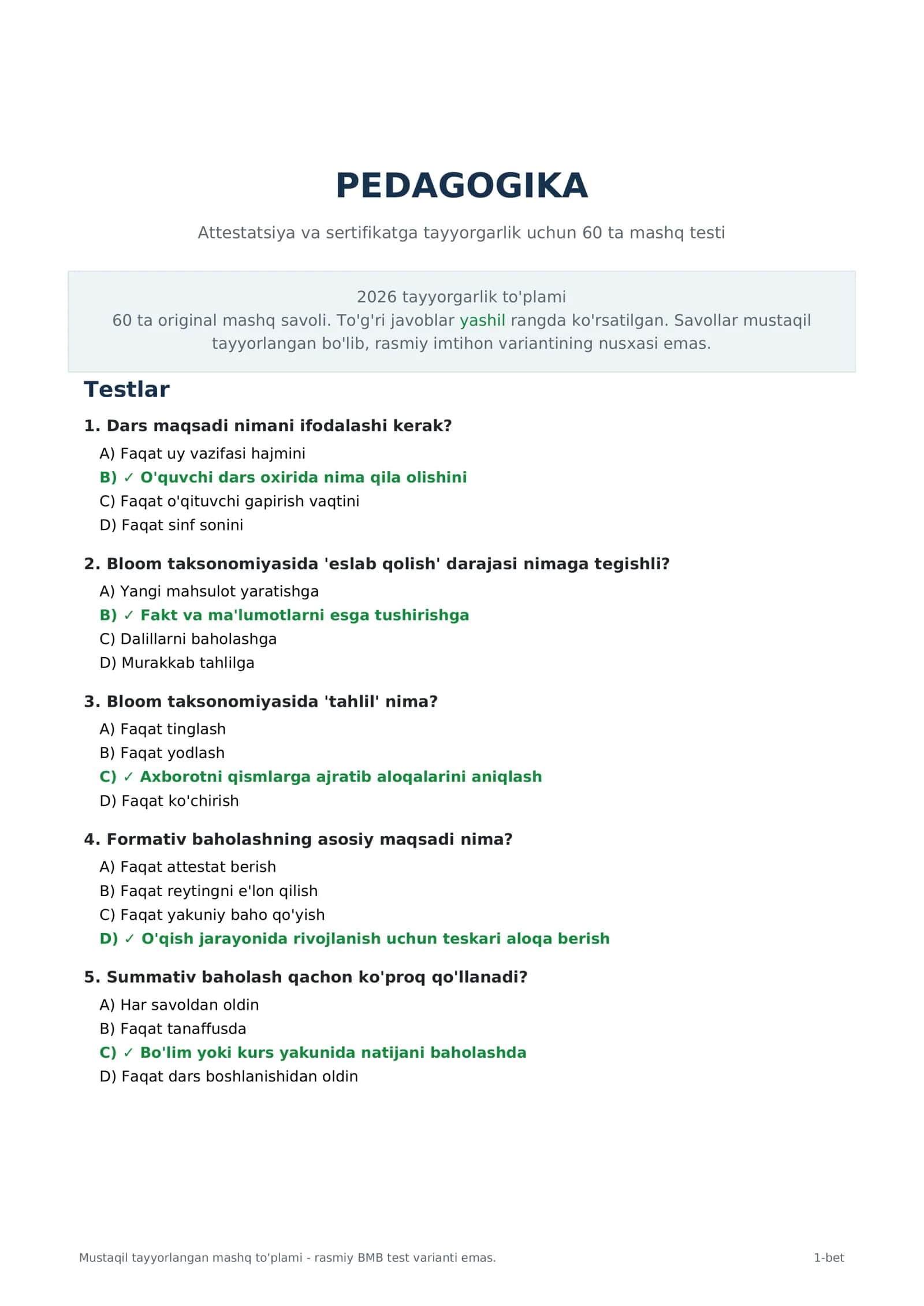🔥 PEDAGOGIKA FANIDAN 60 TA TEST + TO‘G‘RI JAVOBLAR | ATTESTATSIYA VA SERTIFIKATGA TAYYORLOV | 2026 📚