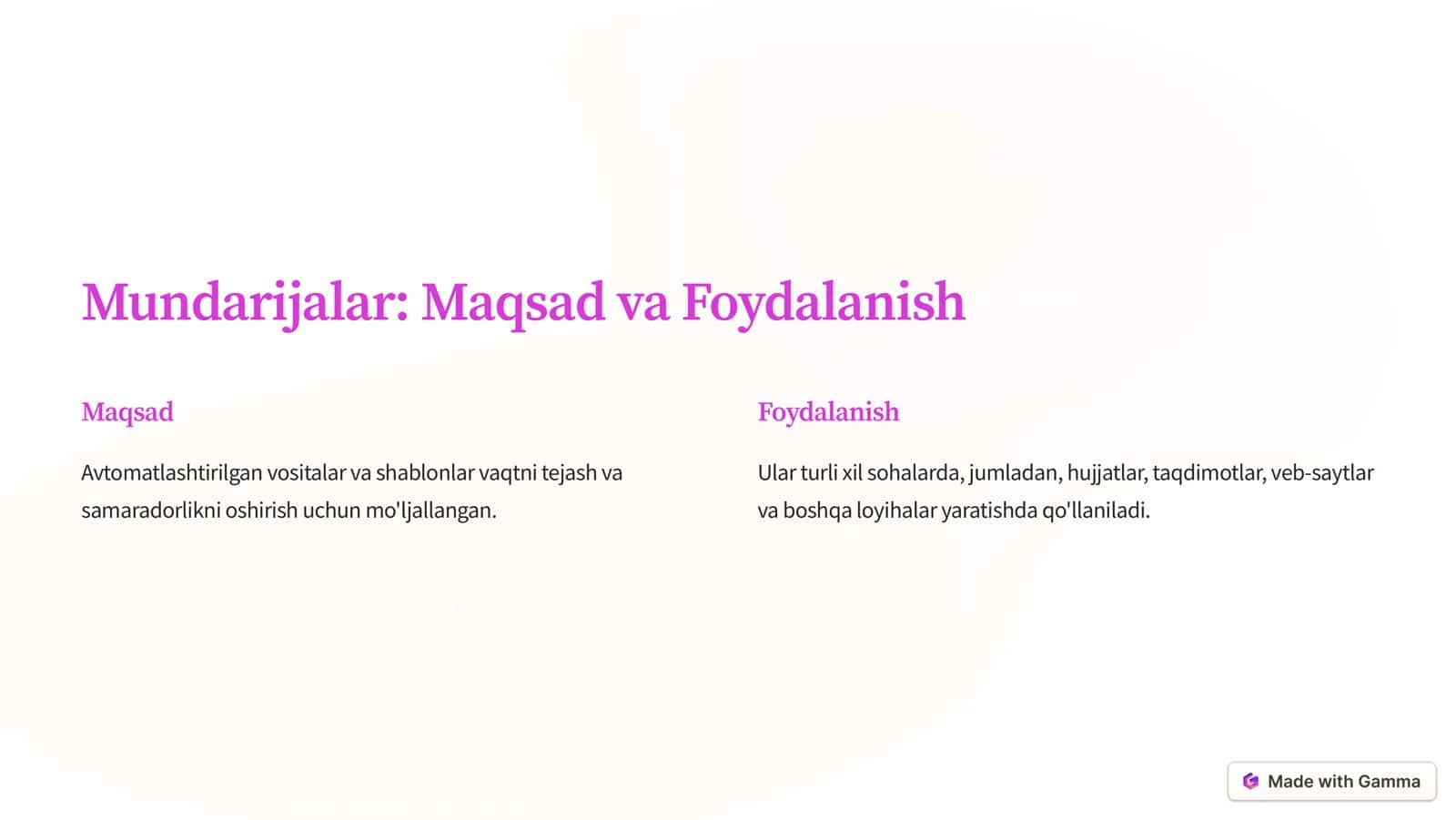 Mundarijalar: Maqsad va Foydalanish