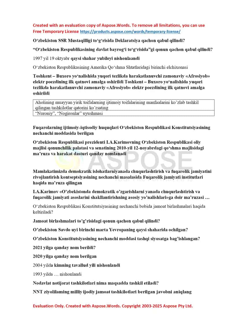 O‘zbekiston tarixi va siyosat savollari to‘plami