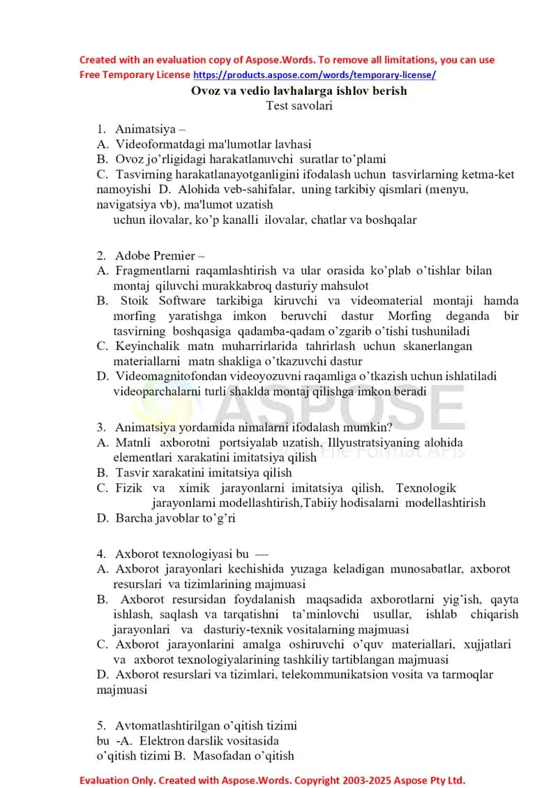 Ovoz va vedio lavhalarga ishlov berish test - savollar va javoblar