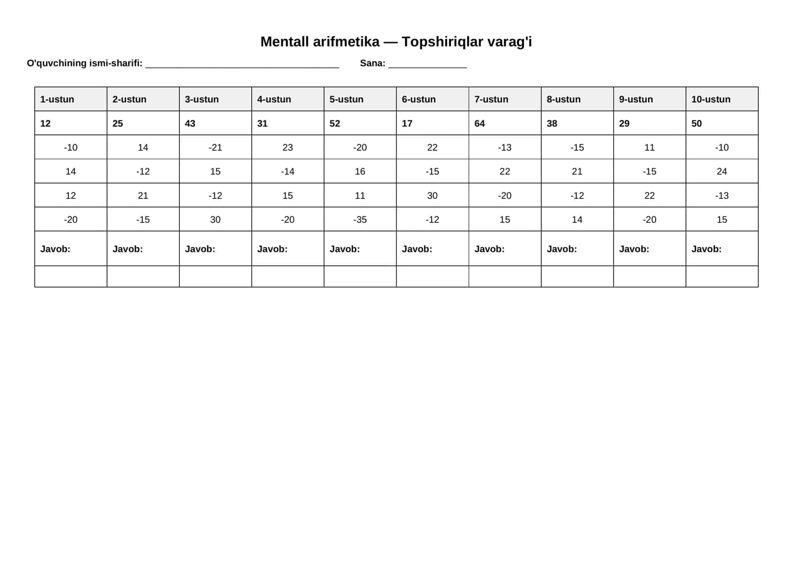 Mentall arifmetika — Topshiriqlar varag'i