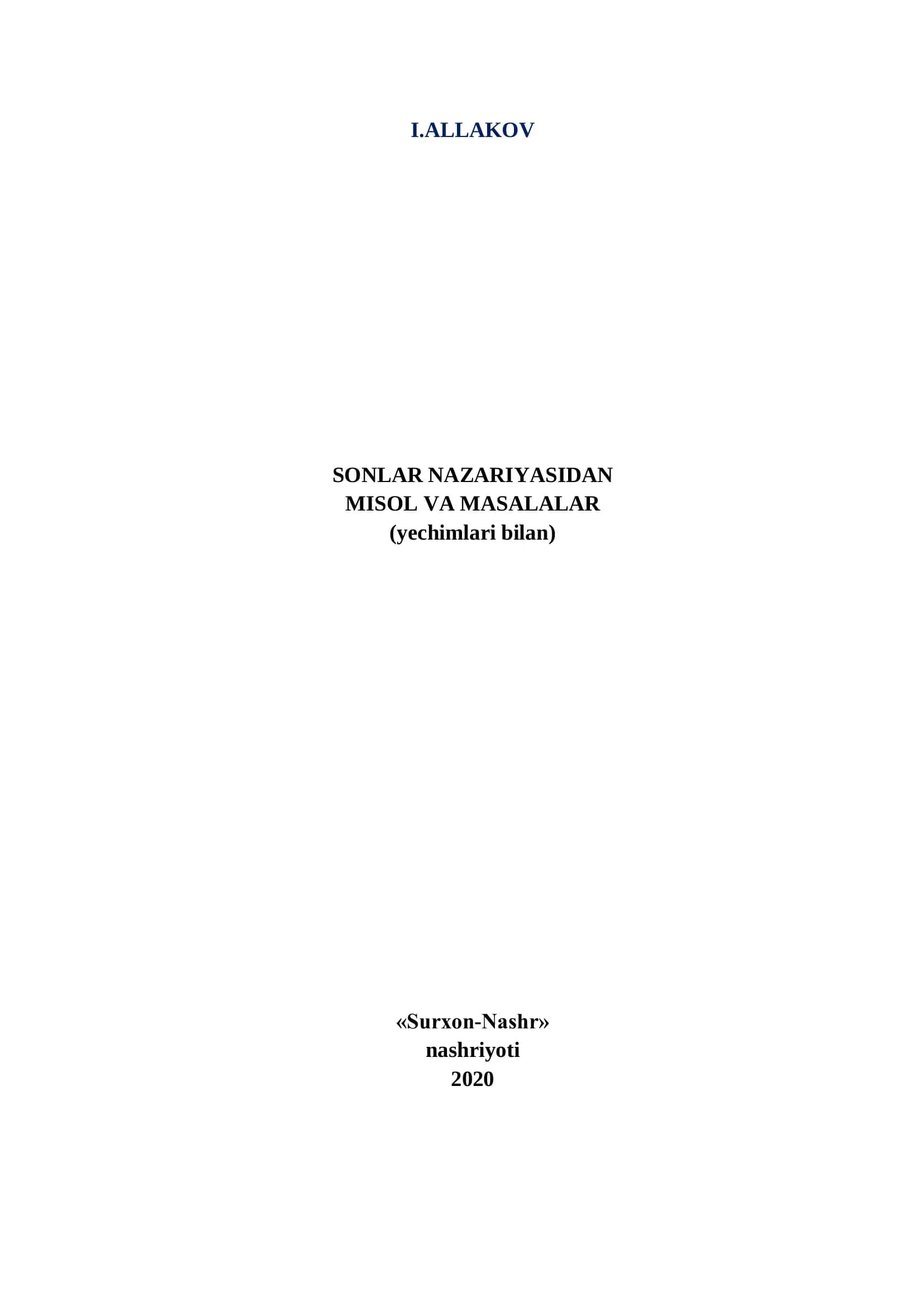 SONLAR NAZARIYASIDAN MISOL VA MASALALAR (Surxon-Nashr, 2020)
