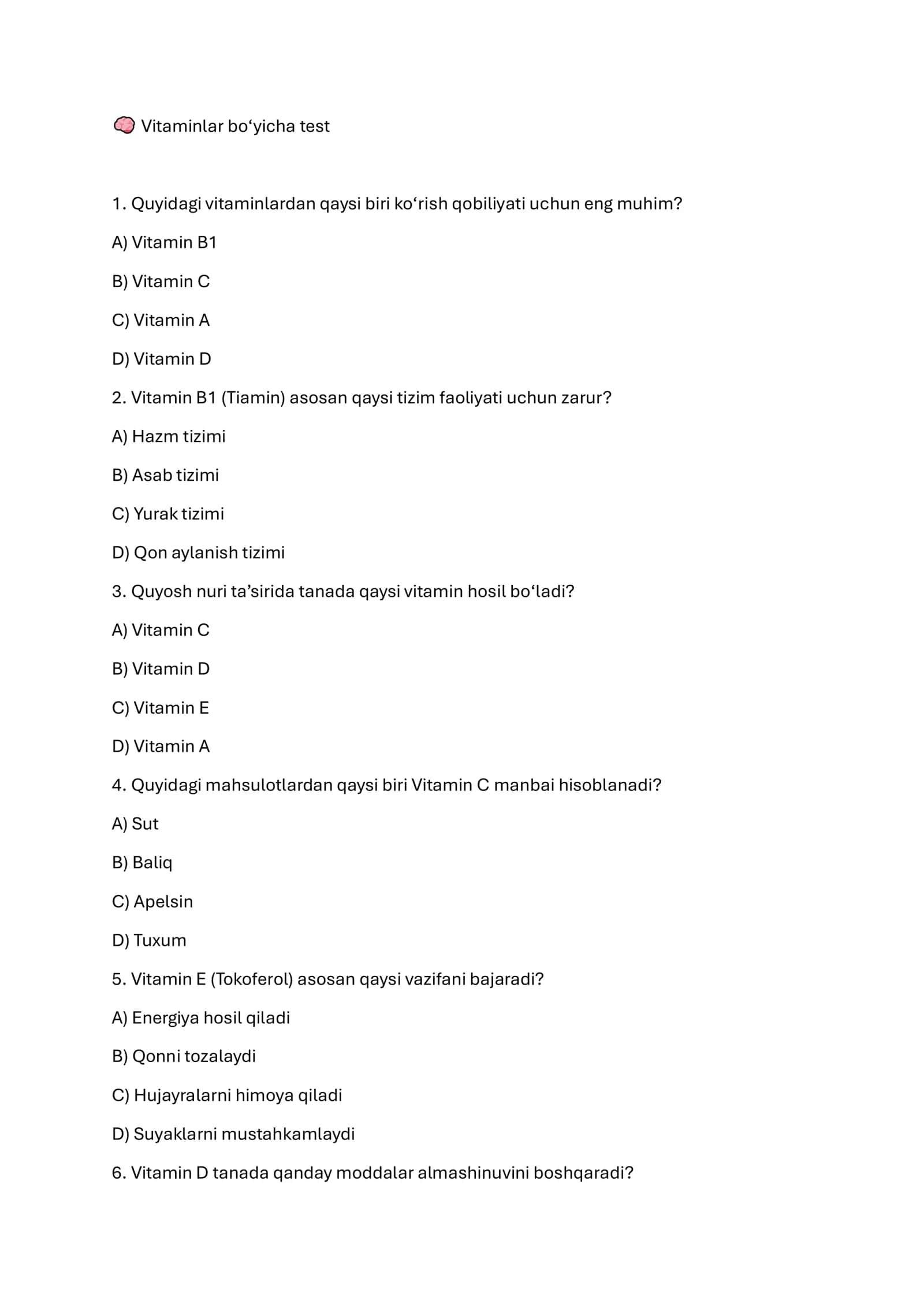 Vitaminlar bo‘yicha test