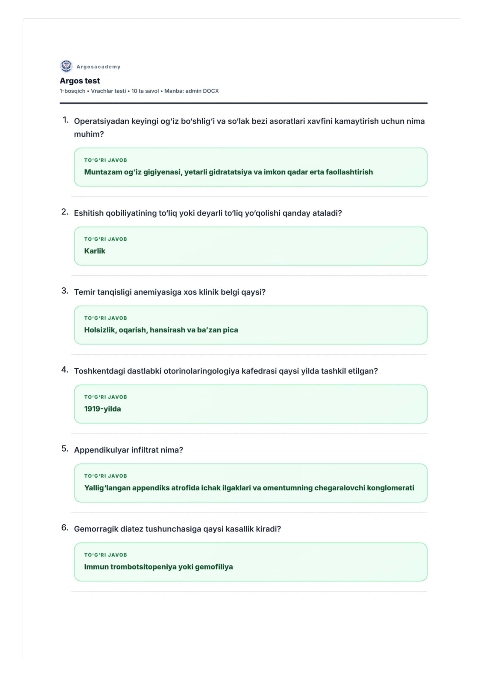 Argos test javoblar (Vrachlar testi)