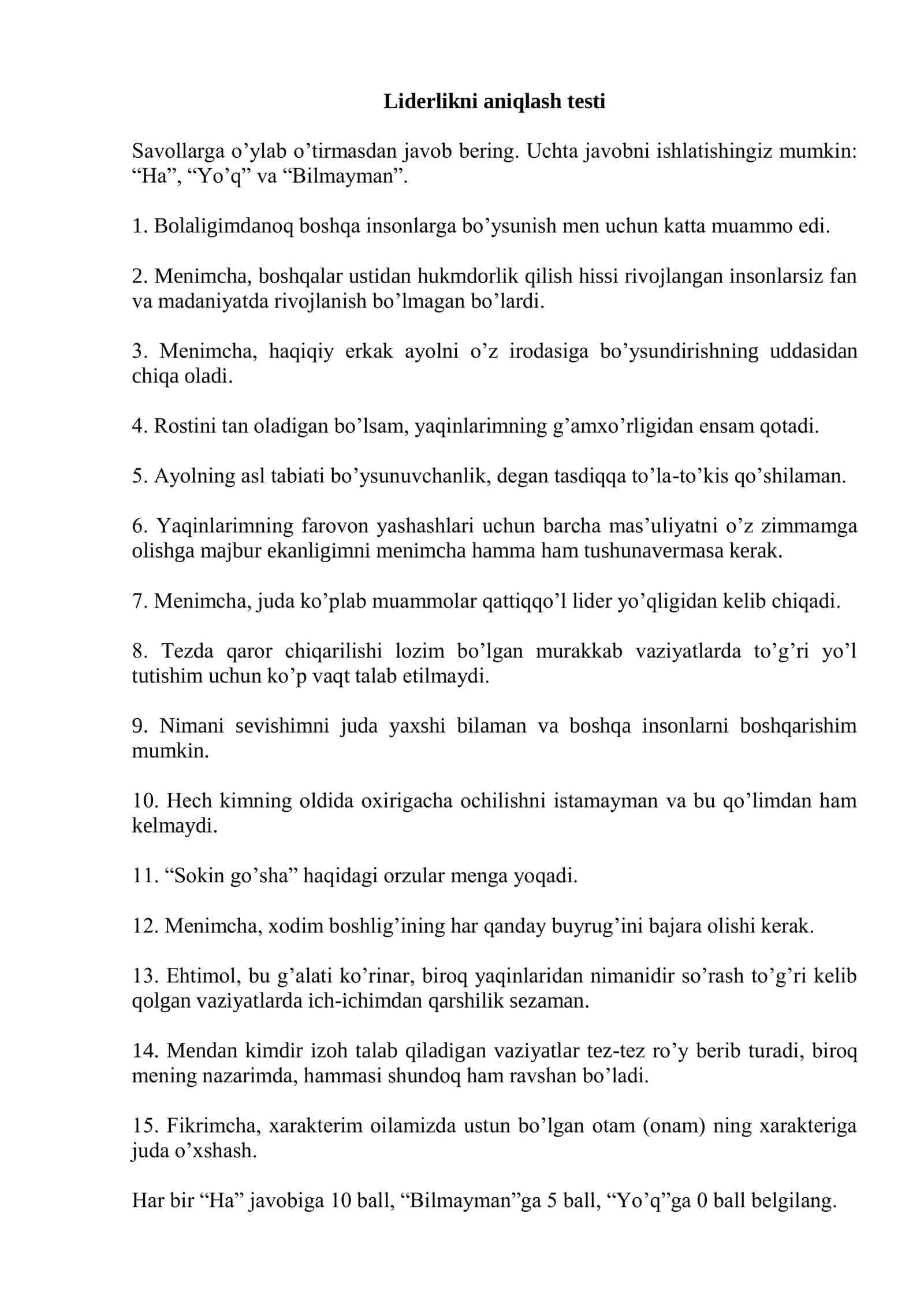 Liderlikni aniqlash testi