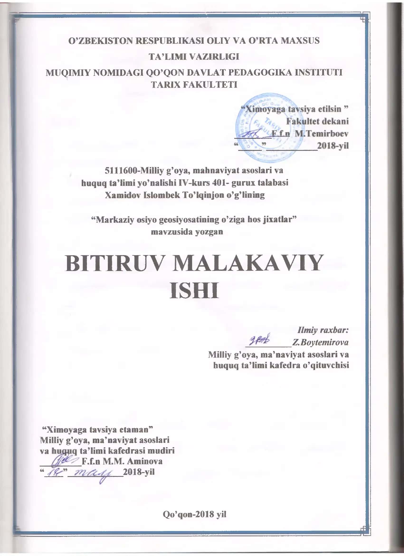 Milliy g’oya, mahnaviyat asoslari va huquq ta’limi vo’nalishi IV-kurs 401- gurux talahasi