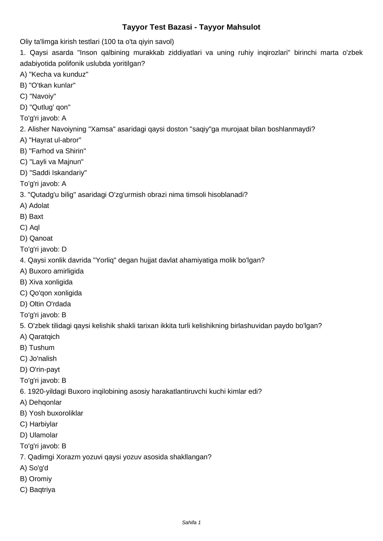 Tayyor Test Bazasi