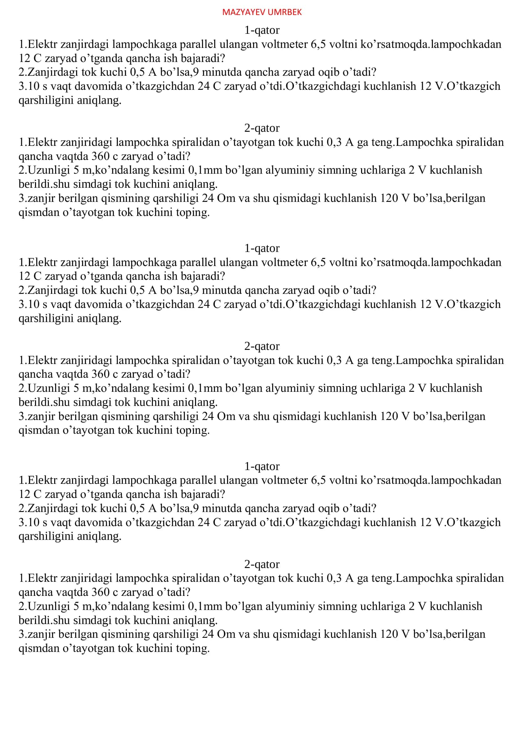 Elektr zanjirdagi lampochkaga parallel ulangan voltmeter