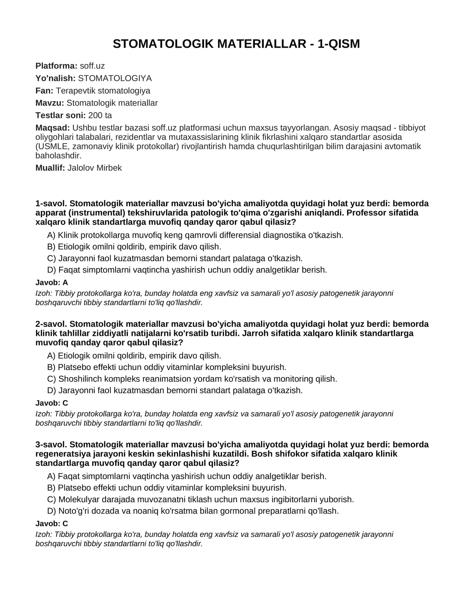 STOMATOLOGIK MATERIALLAR - 1-QISM