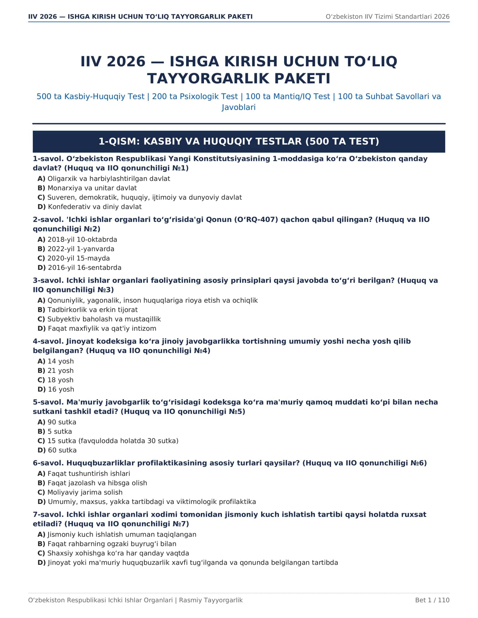 IIV 2026 — ISHGA KIRISH UCHUN TO‘LIQ TAYYORGARLIK PAKETI