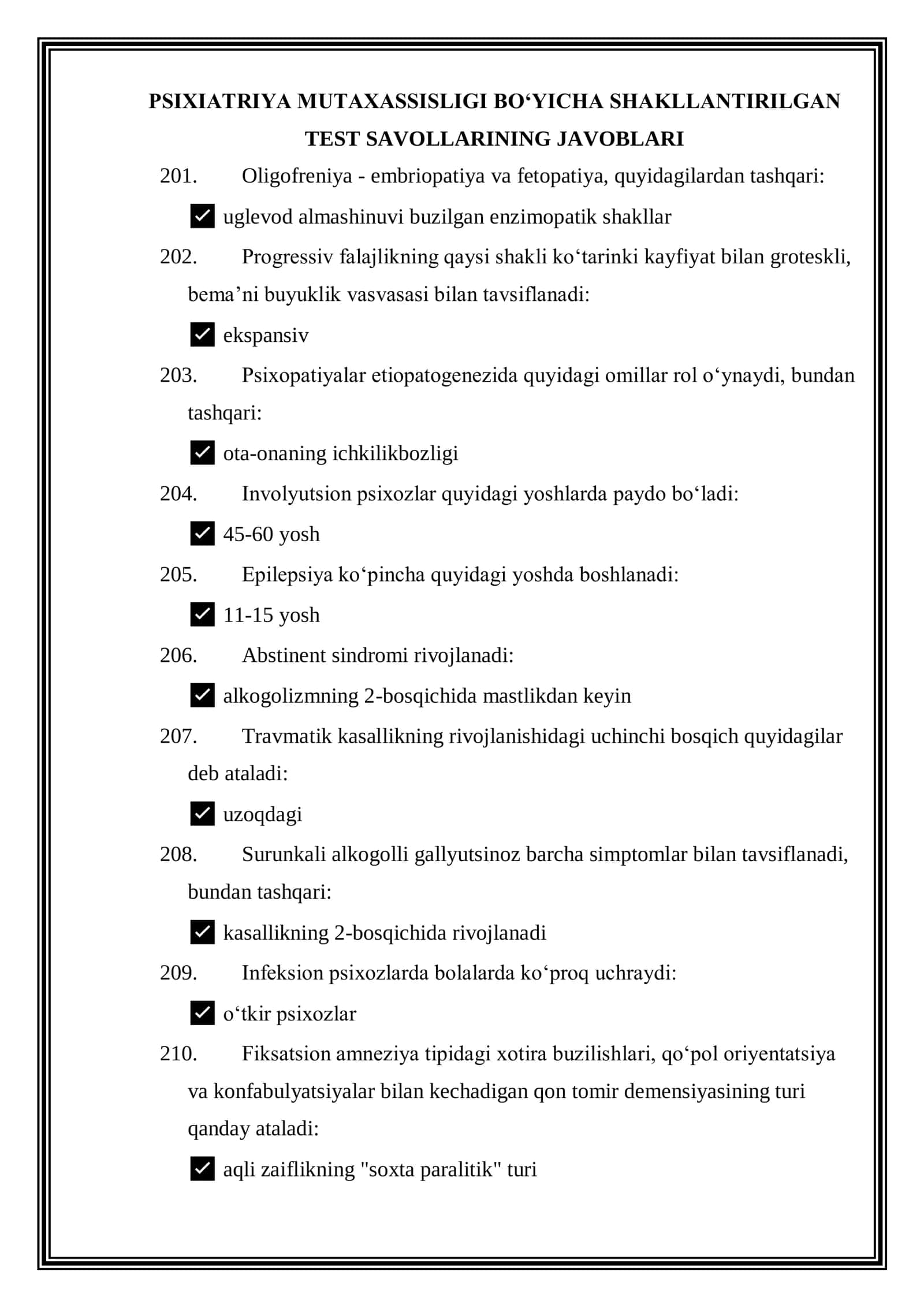 Psixiatriya Mutaxassisligi boʻyicha Shakllantirilgan Test Savollaring Javoblari