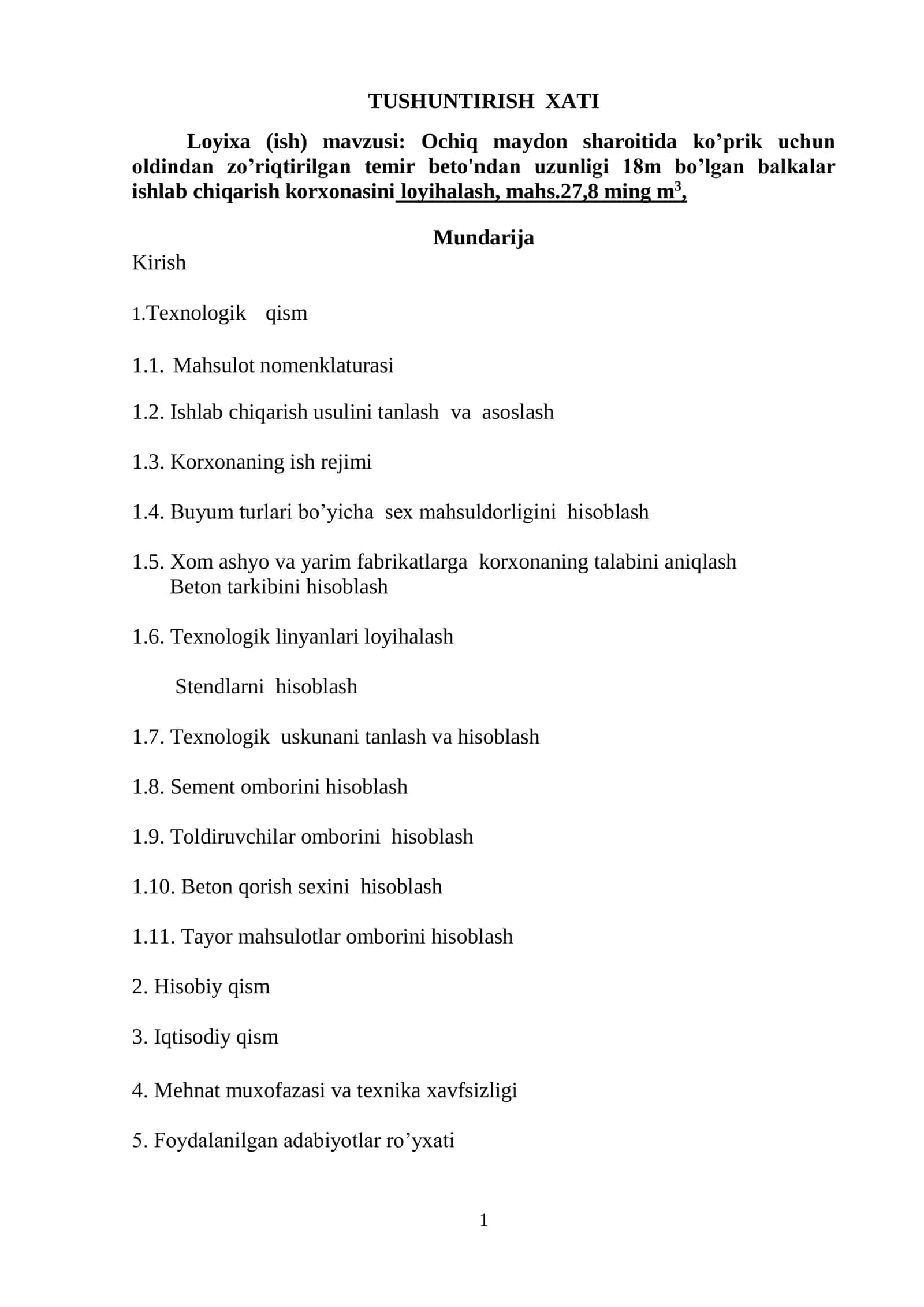ochiq maydon sharoitida korxona loyihalash
