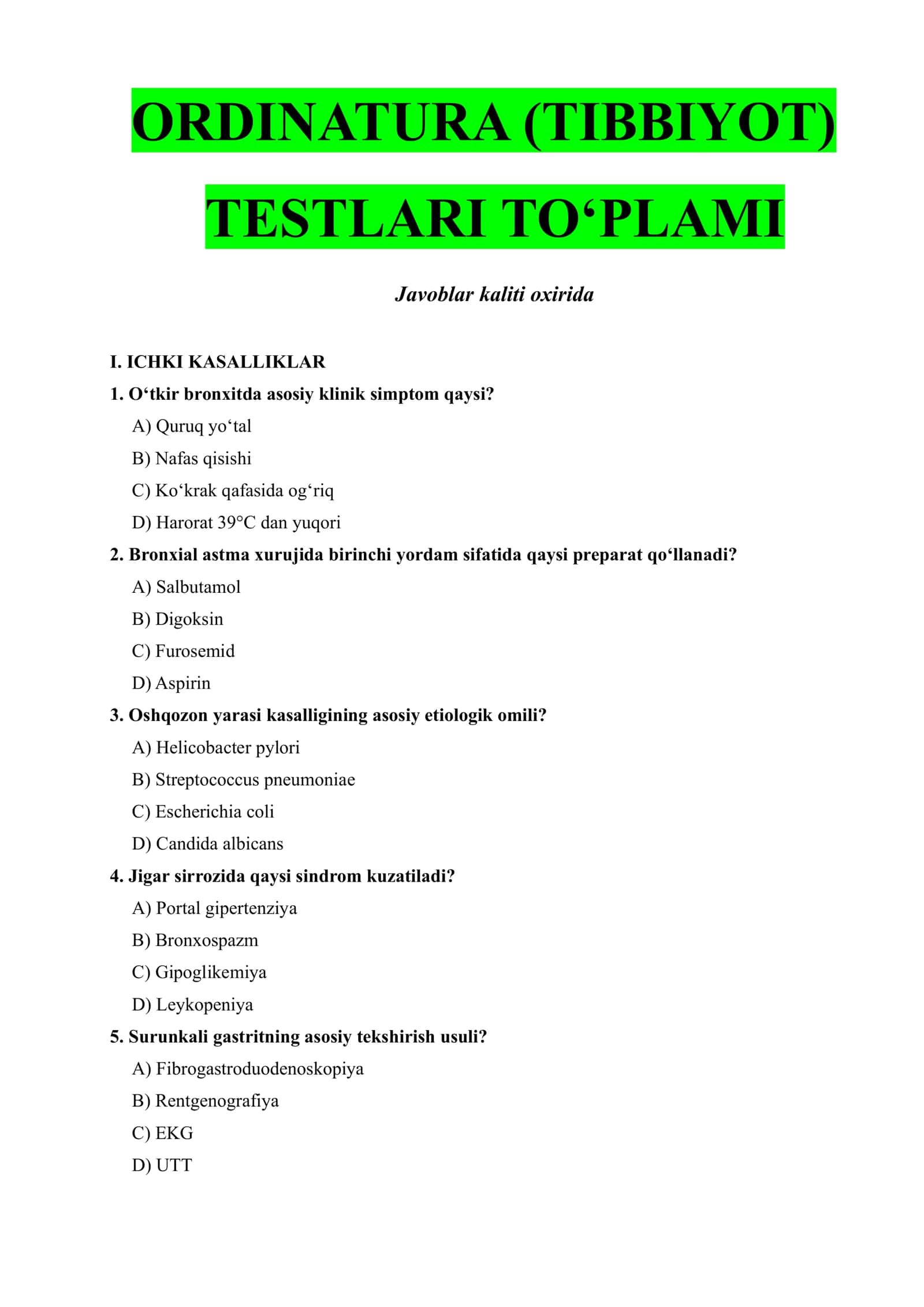 ORDINATURA (TIBBIYOT) TESTLARI TO‘PLAMI