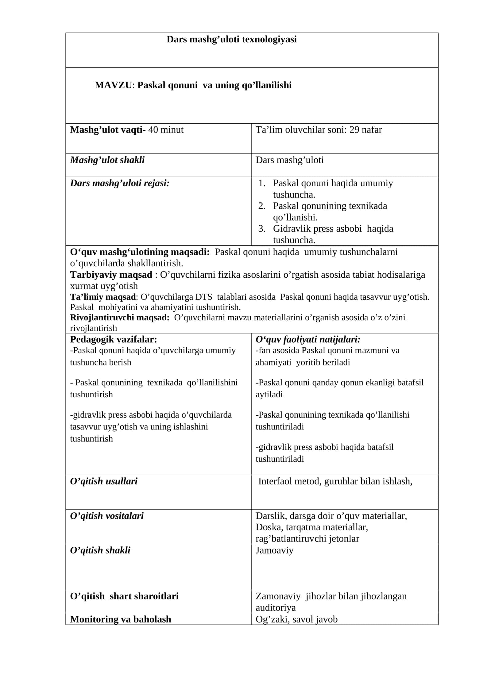 Paskal qonuni  va uning qo’llanilishi mavzusida tayyor dars loyiha
