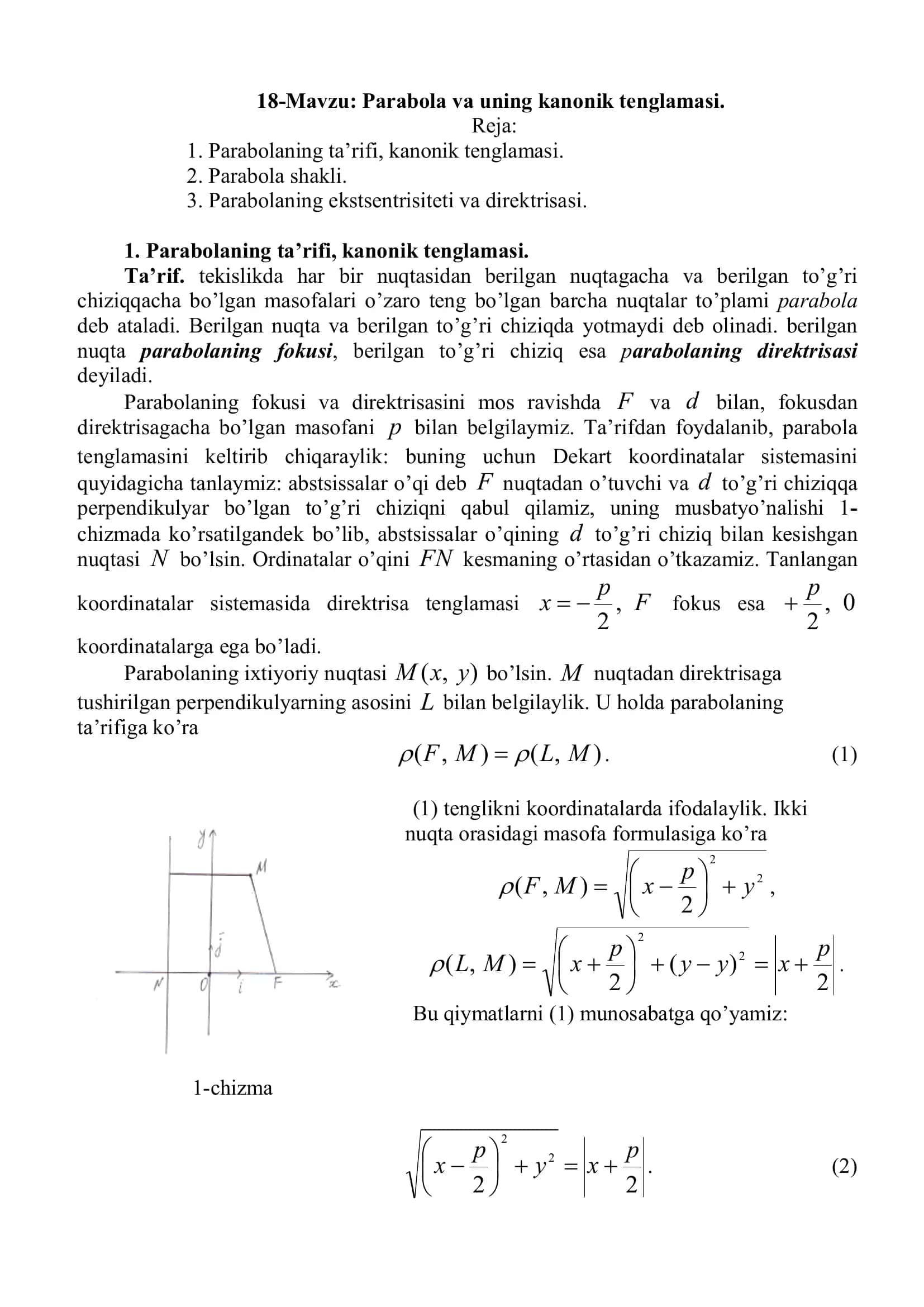 Parabola va uning kanonik tenglamasi
