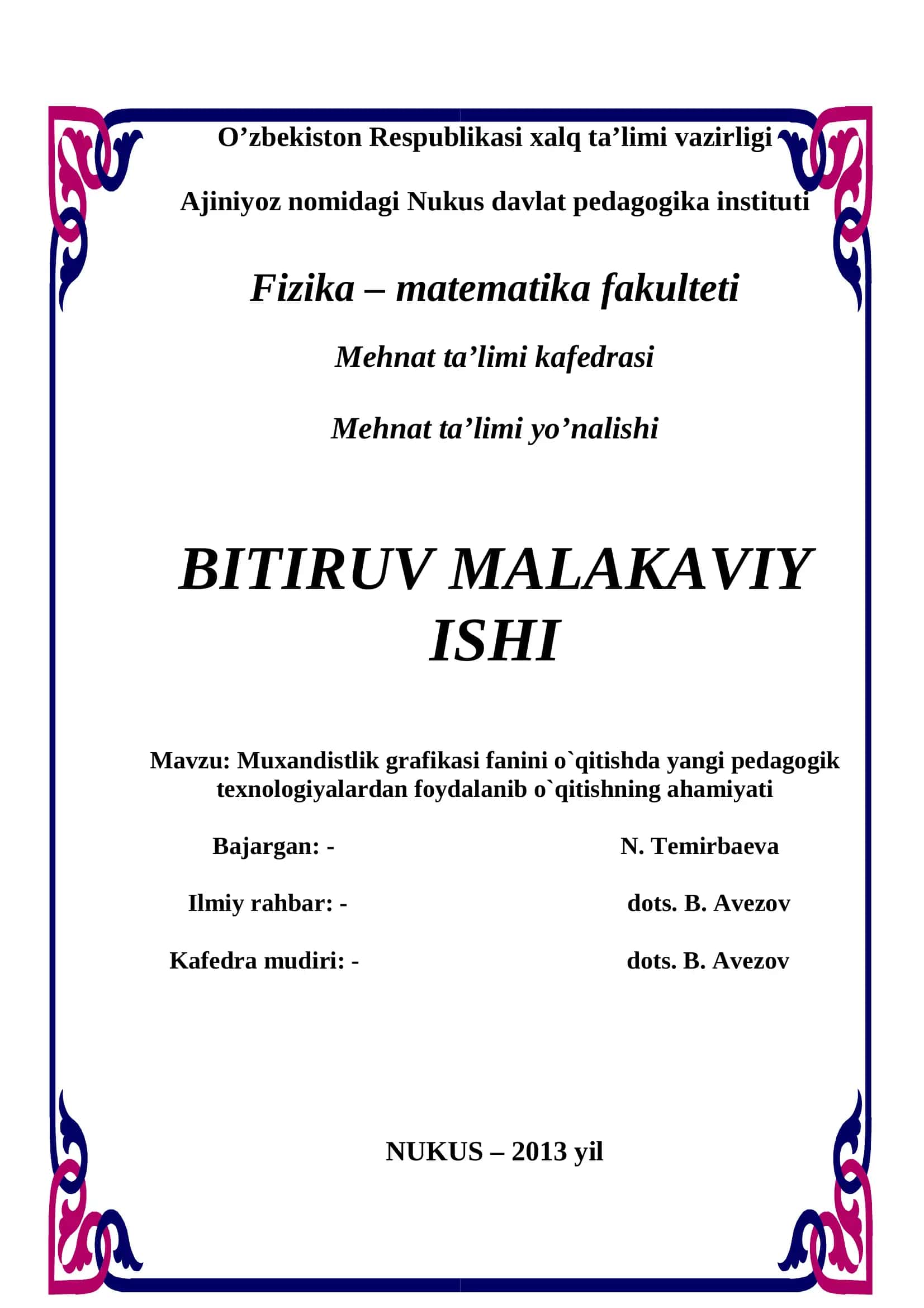 Mehmat ta'limi kafedrasi bitiruv malakaviy ishi