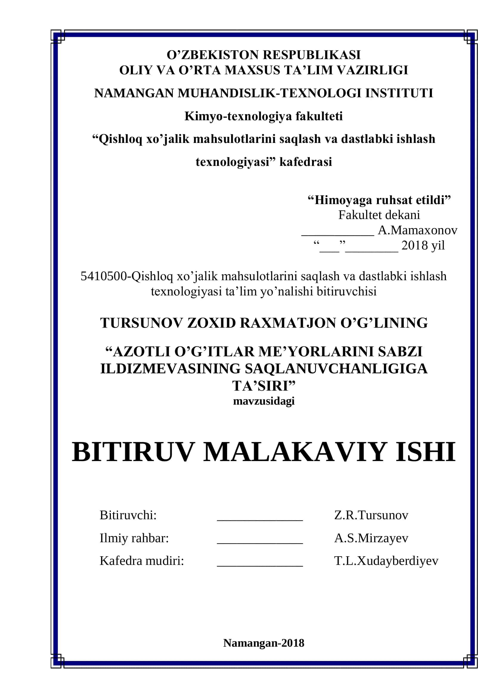 Qishloq xo'jalik mahsulotlarini saqlash va dastlabki ishlash texnologiyasi ta'lim yo'nalishi bitiruvchisi