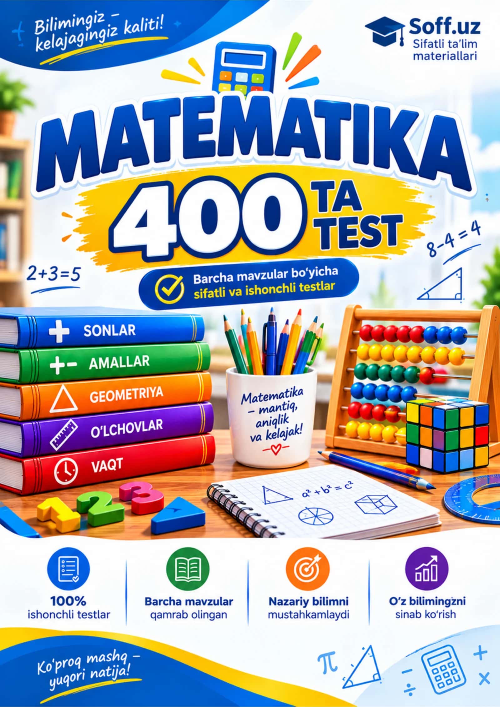 Matematika: 400 ta test — barcha mavzular bo‘yicha matematika test savollari va javoblar