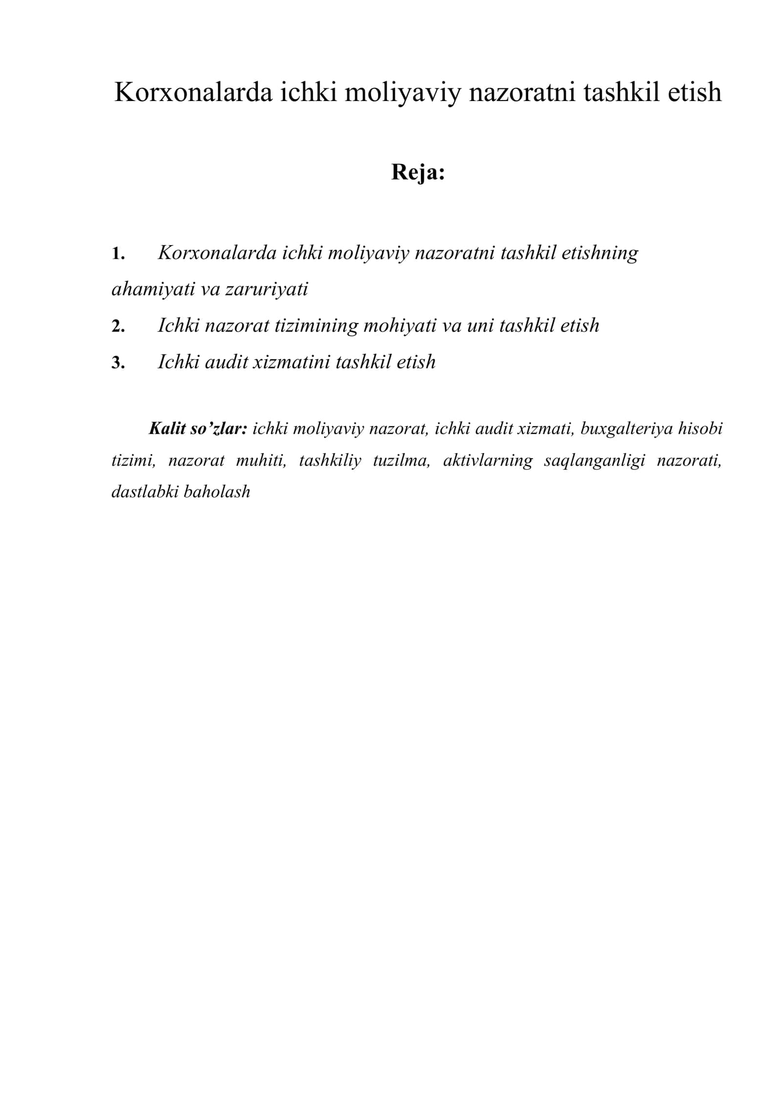 Korxonalarda ichki moliyaviy nazoratni tashkil etish