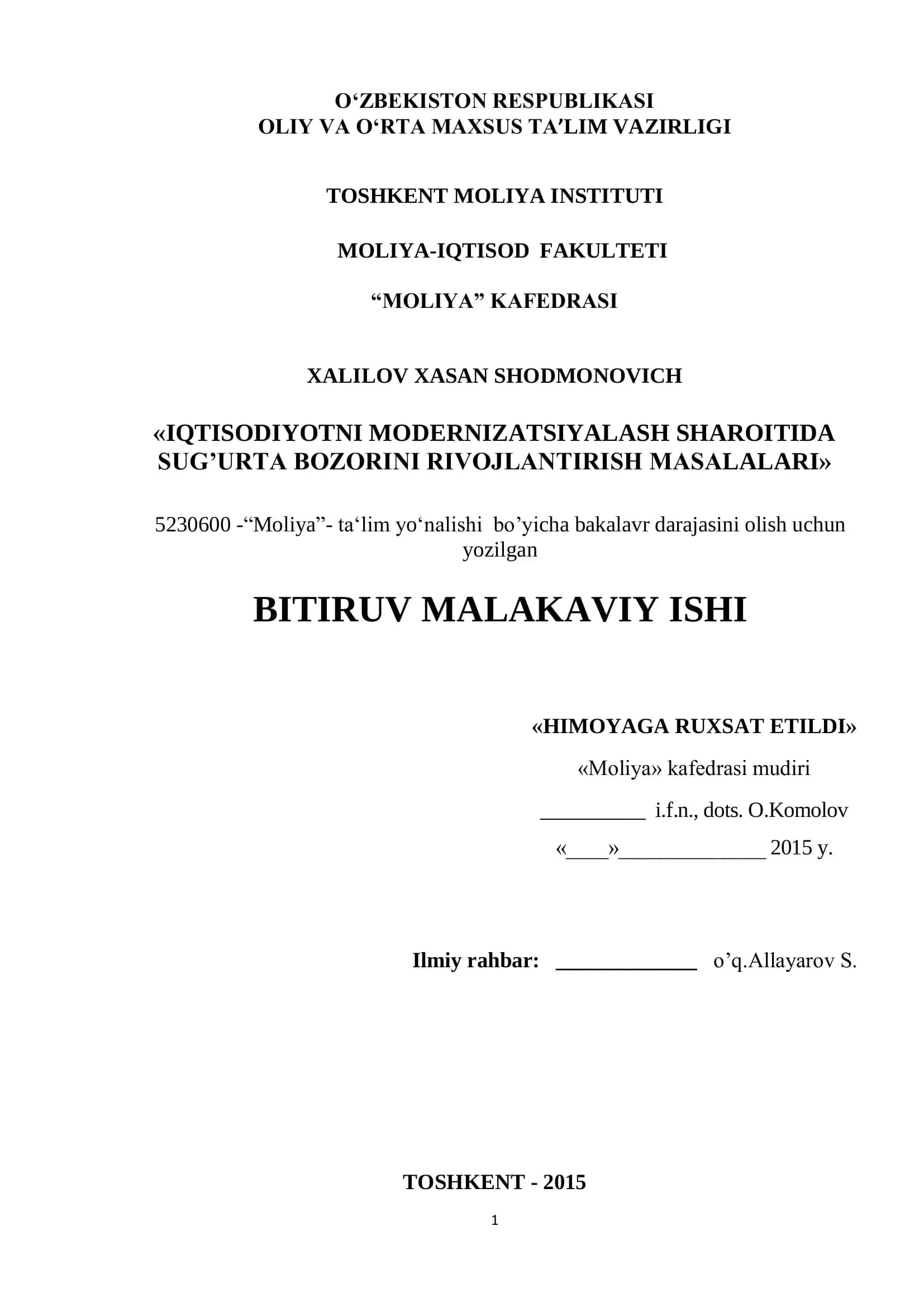 IQTISODIYOTNI MODERNIZATSIYALASH SHAROITIDA SUG’URTA BOZORINI RIVOJLANTIRISH MASALALARI