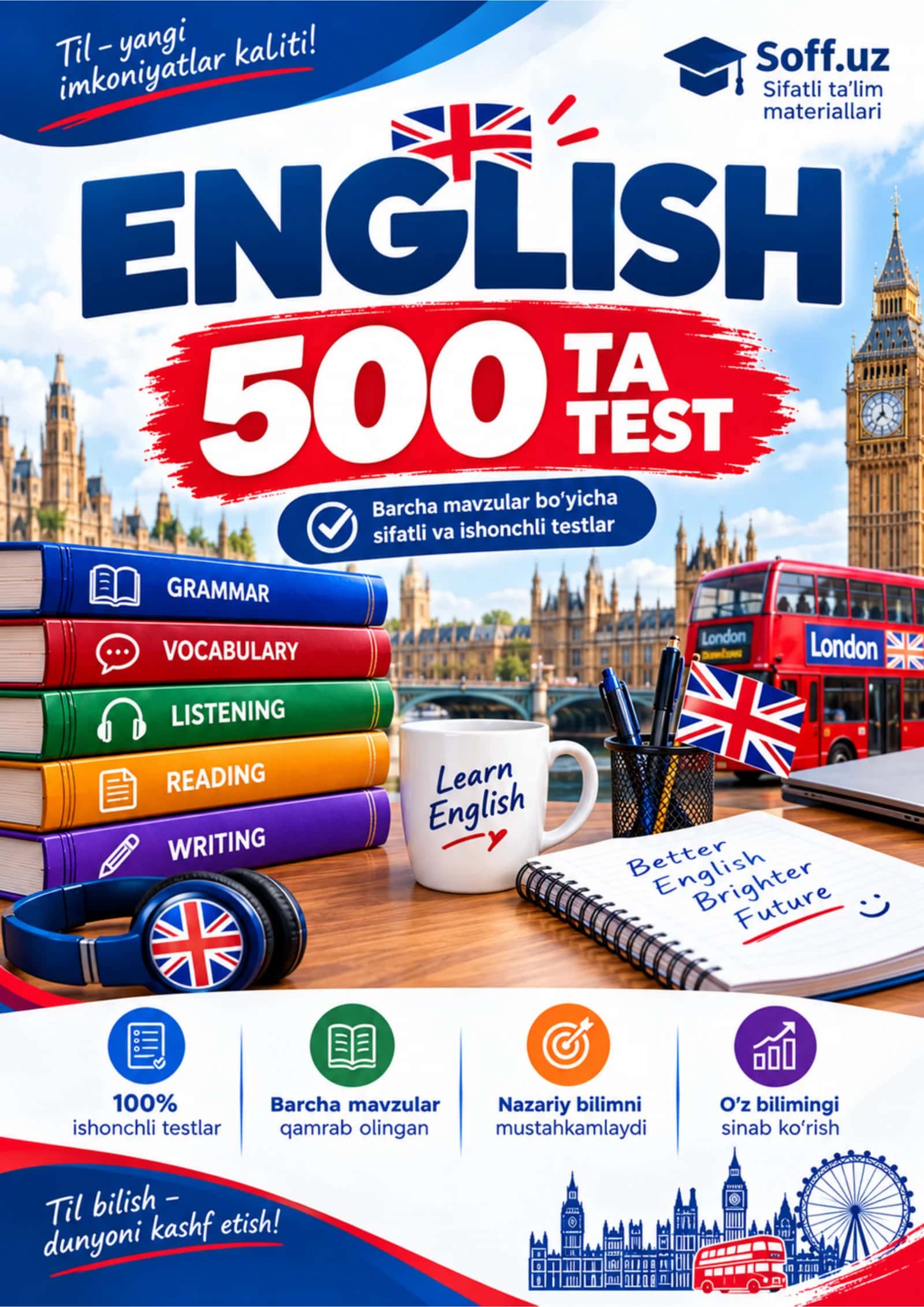 Ingliz tili: 500 ta test — Grammar, Vocabulary va barcha mavzular bo‘yicha testlar