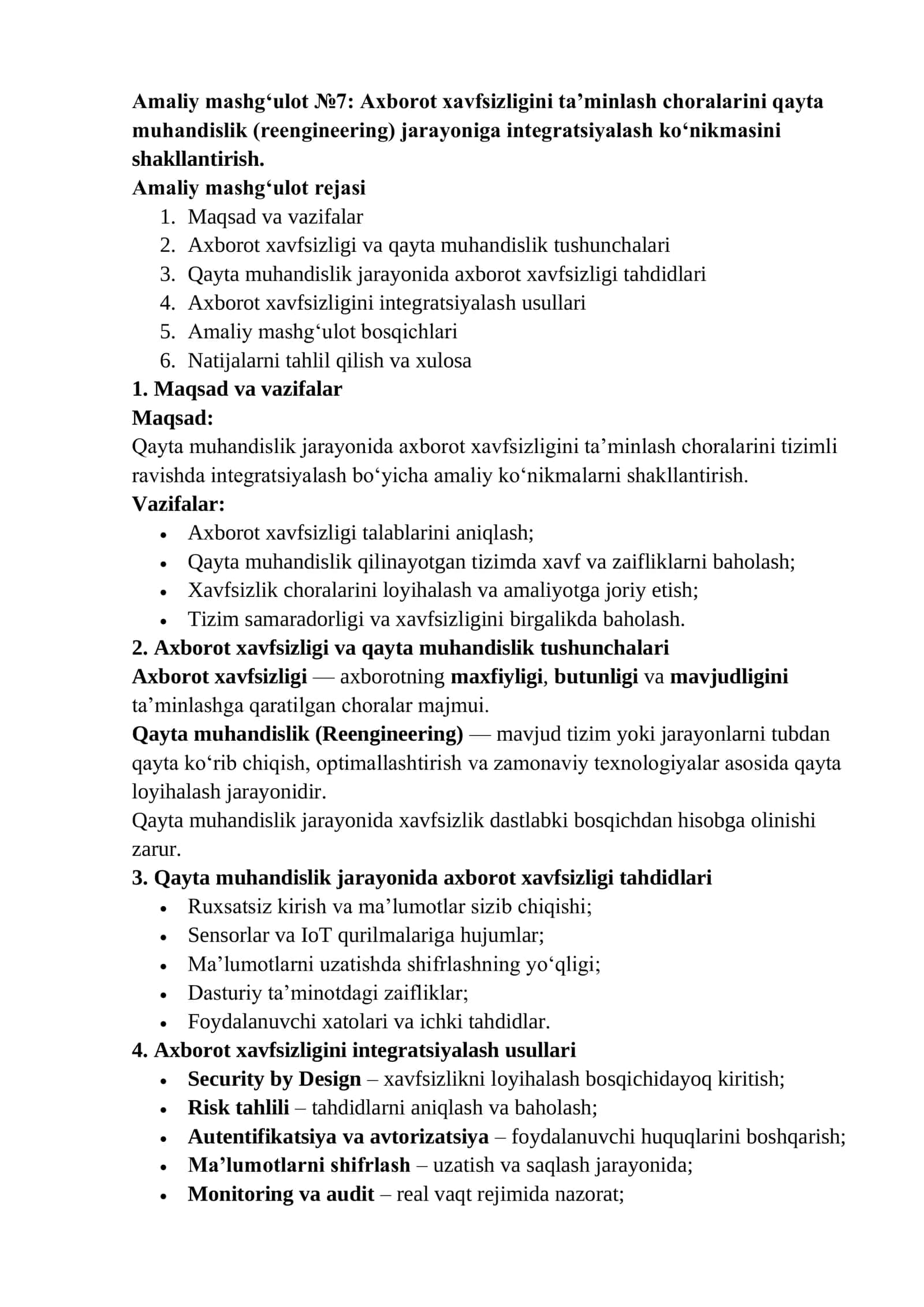 Axborot hafsizligi chorlarni qayta muhandislik 1