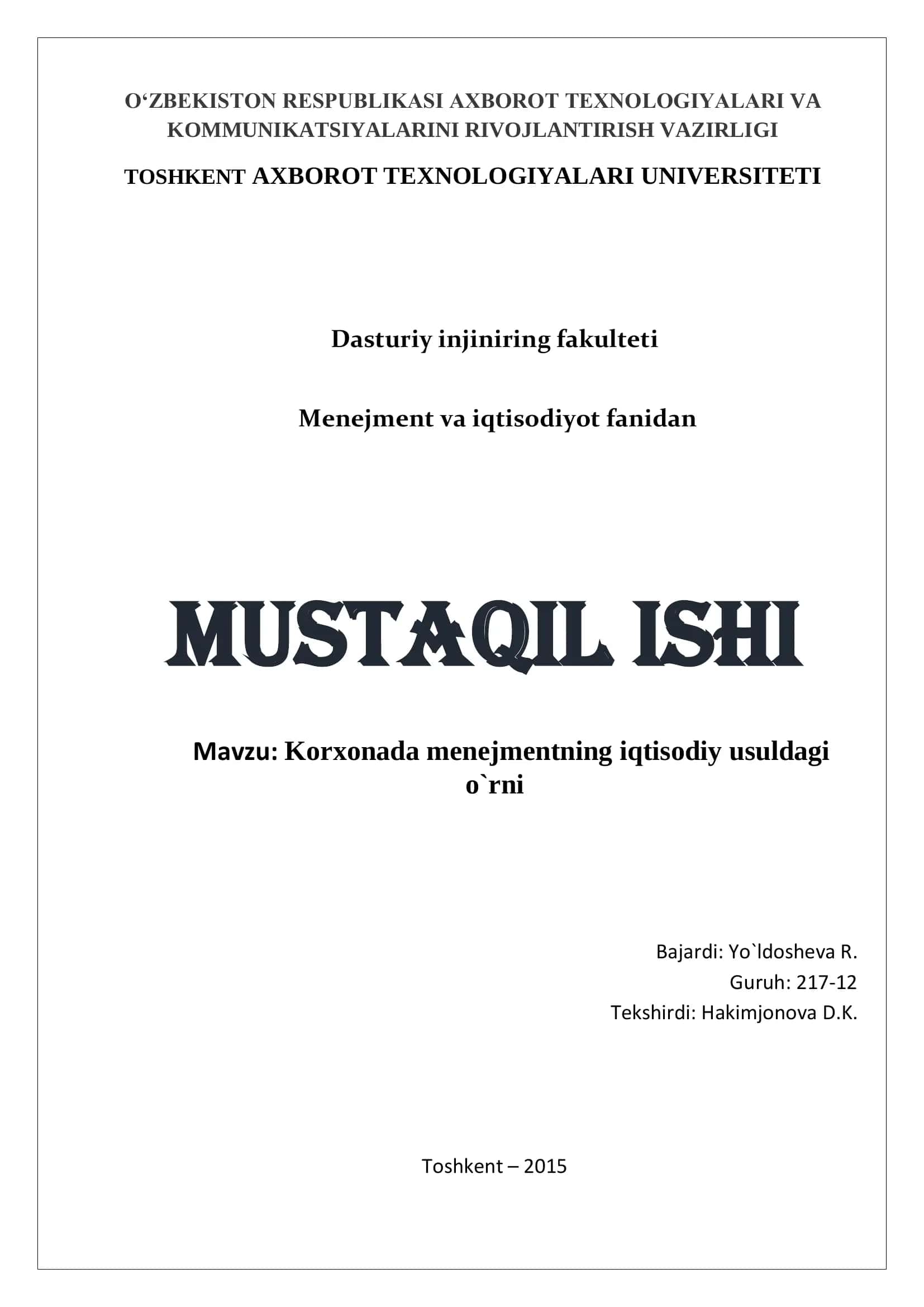 Menejmentning Iqtisodiy Usullari