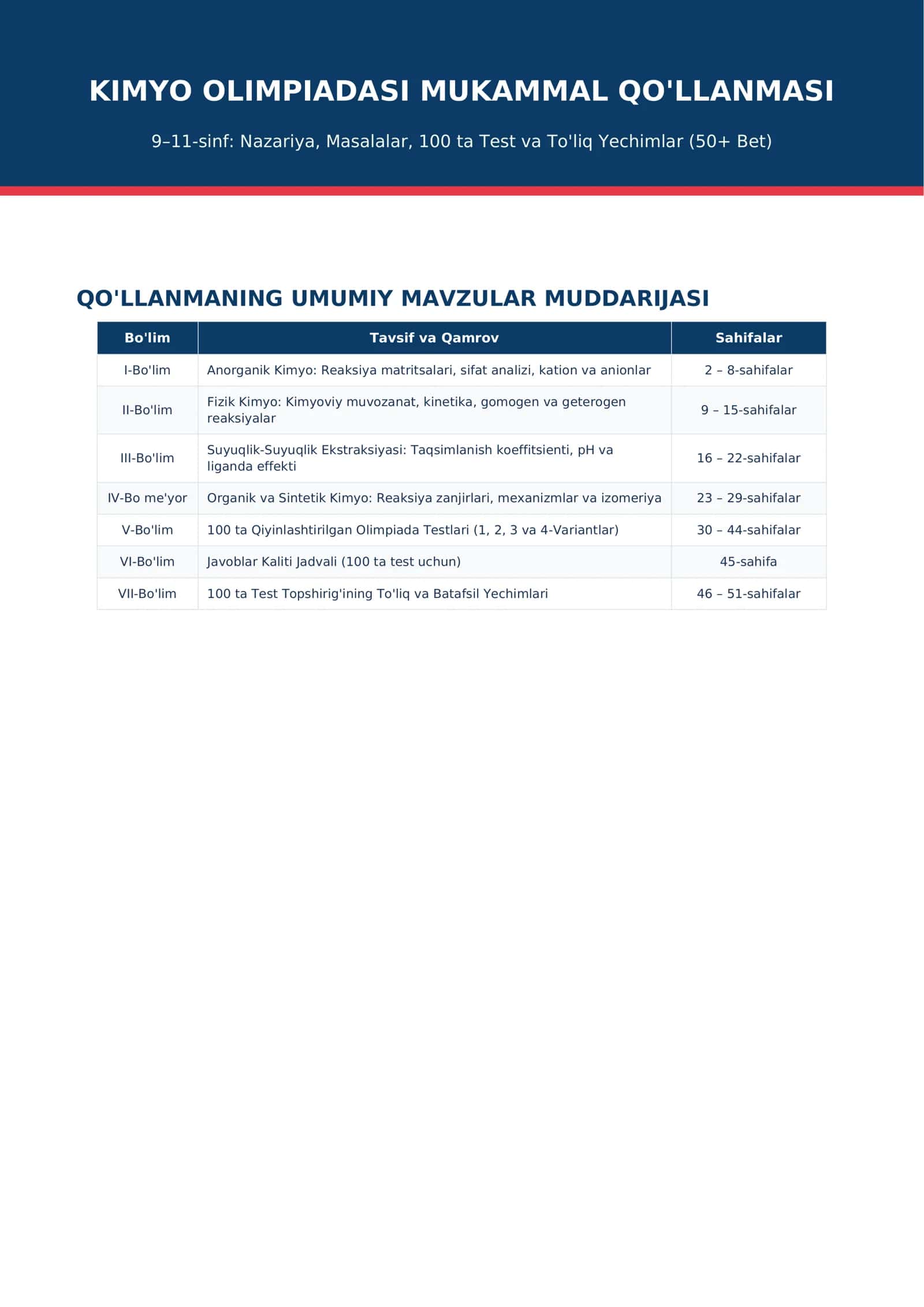 KIMYO OLIMPIADASI MUKAMMAL QO'LLANMASI