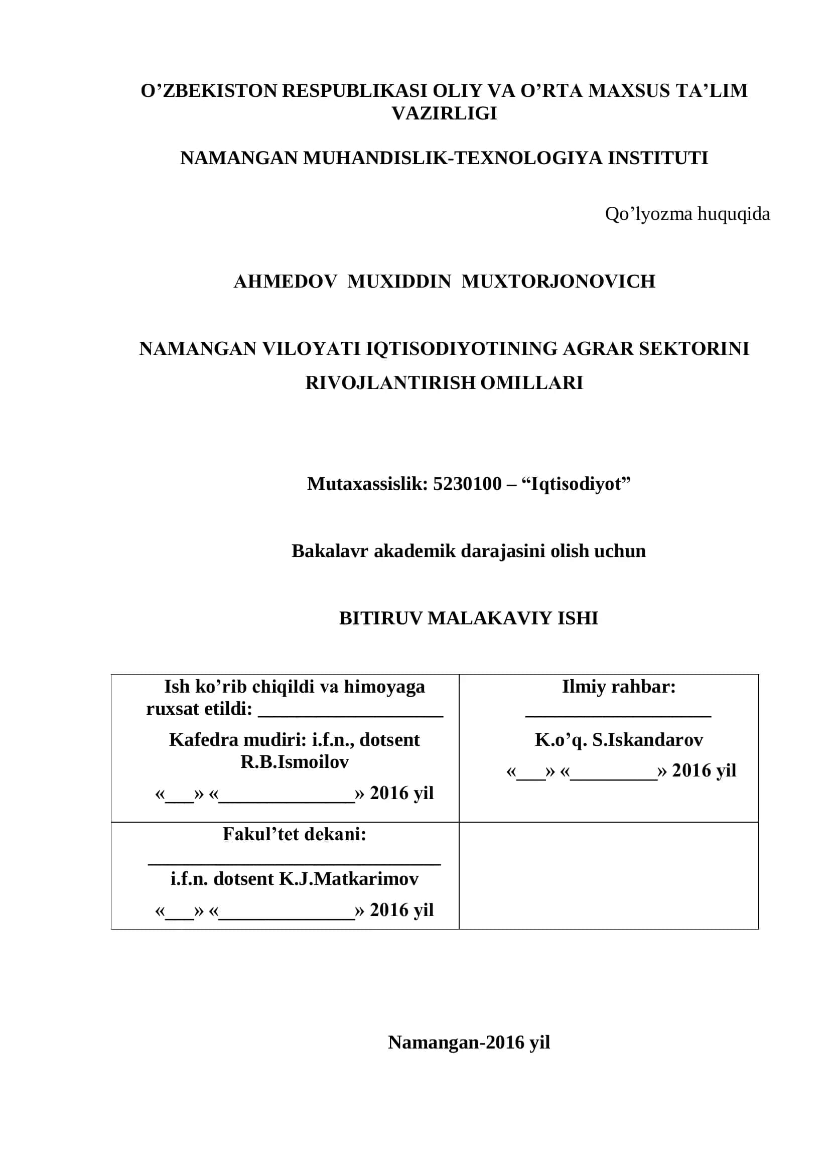 Agrar tarmoqni barqaror rivojlantirishning zaruriyati va o’ziga xos xususiyatlari