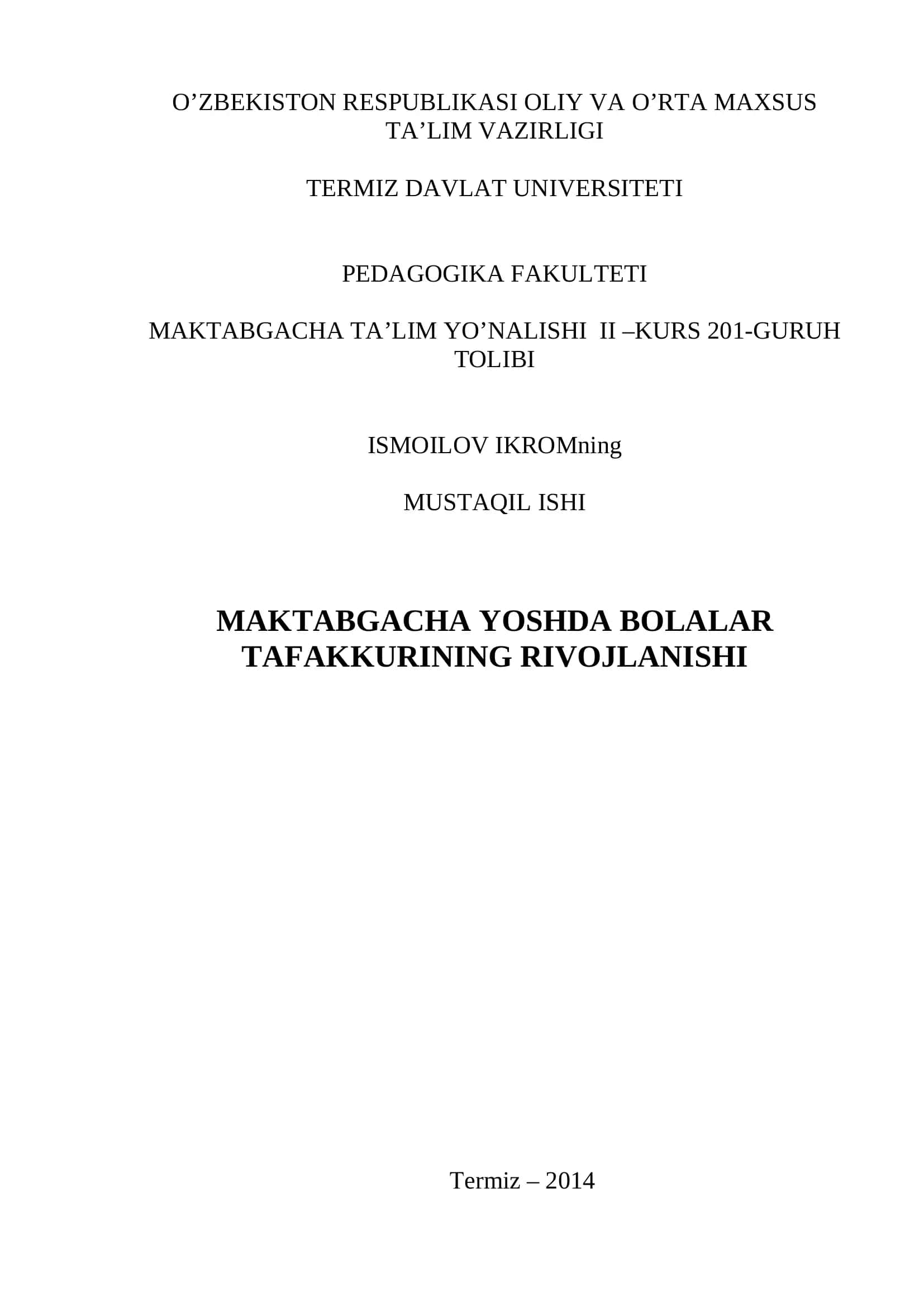 Maktabgacha Yoshda Bolalar Tafakkurining Rivojlanishi