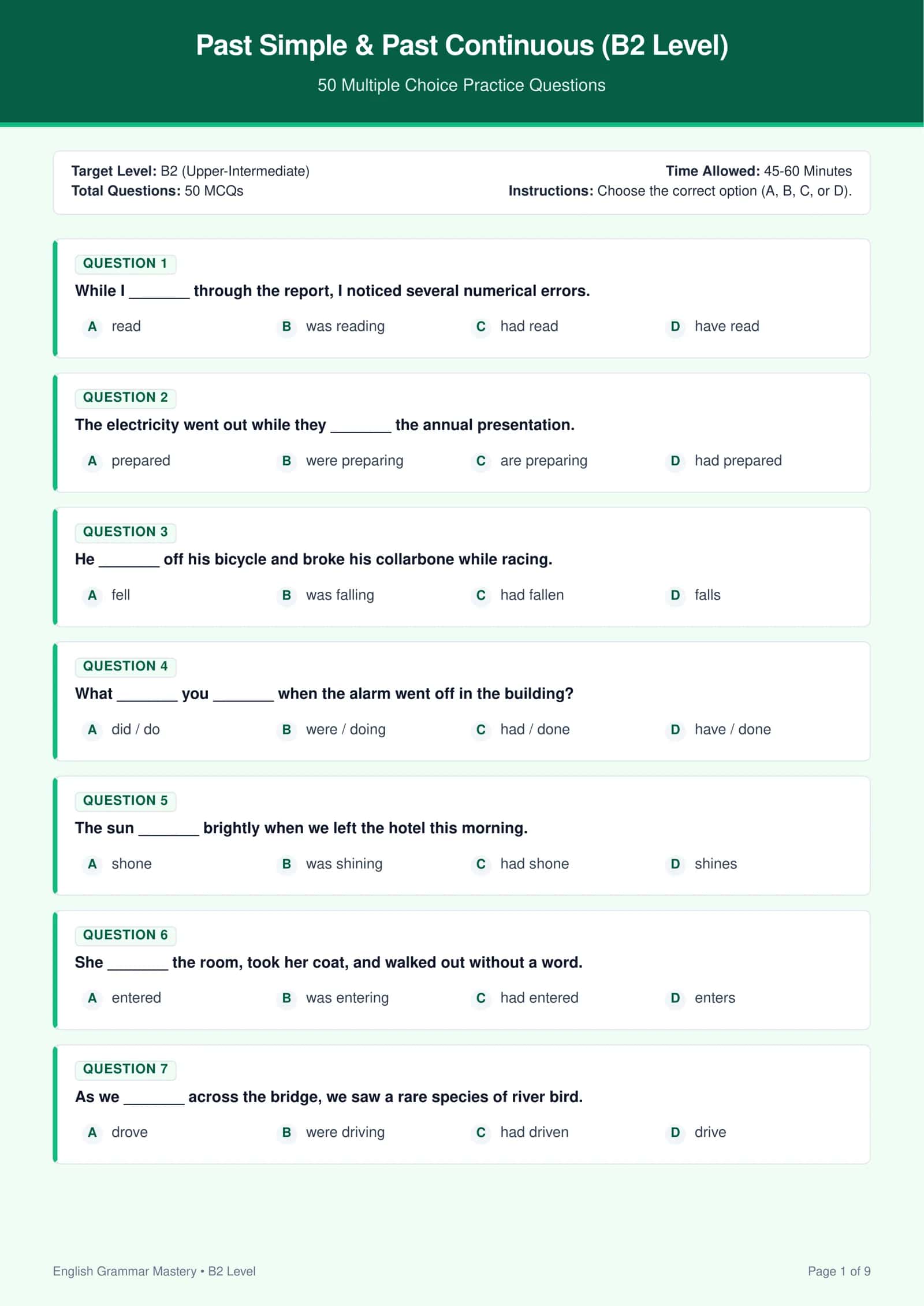 Past Simple & Past Continuous (B2 Level) — 50 Ta Test