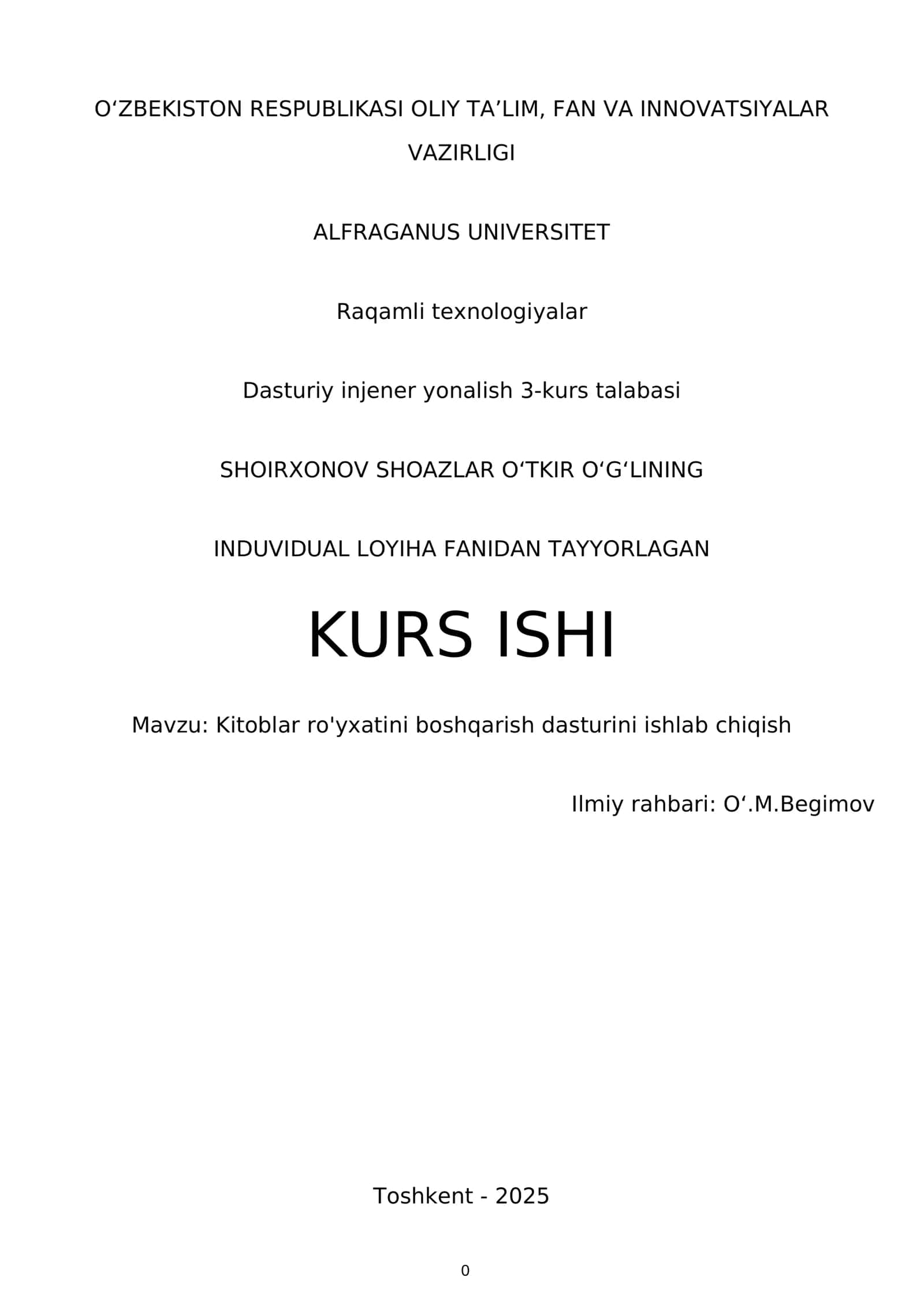 Kitoblar ro'yxatini boshqarish dasturini ishlab chiqish