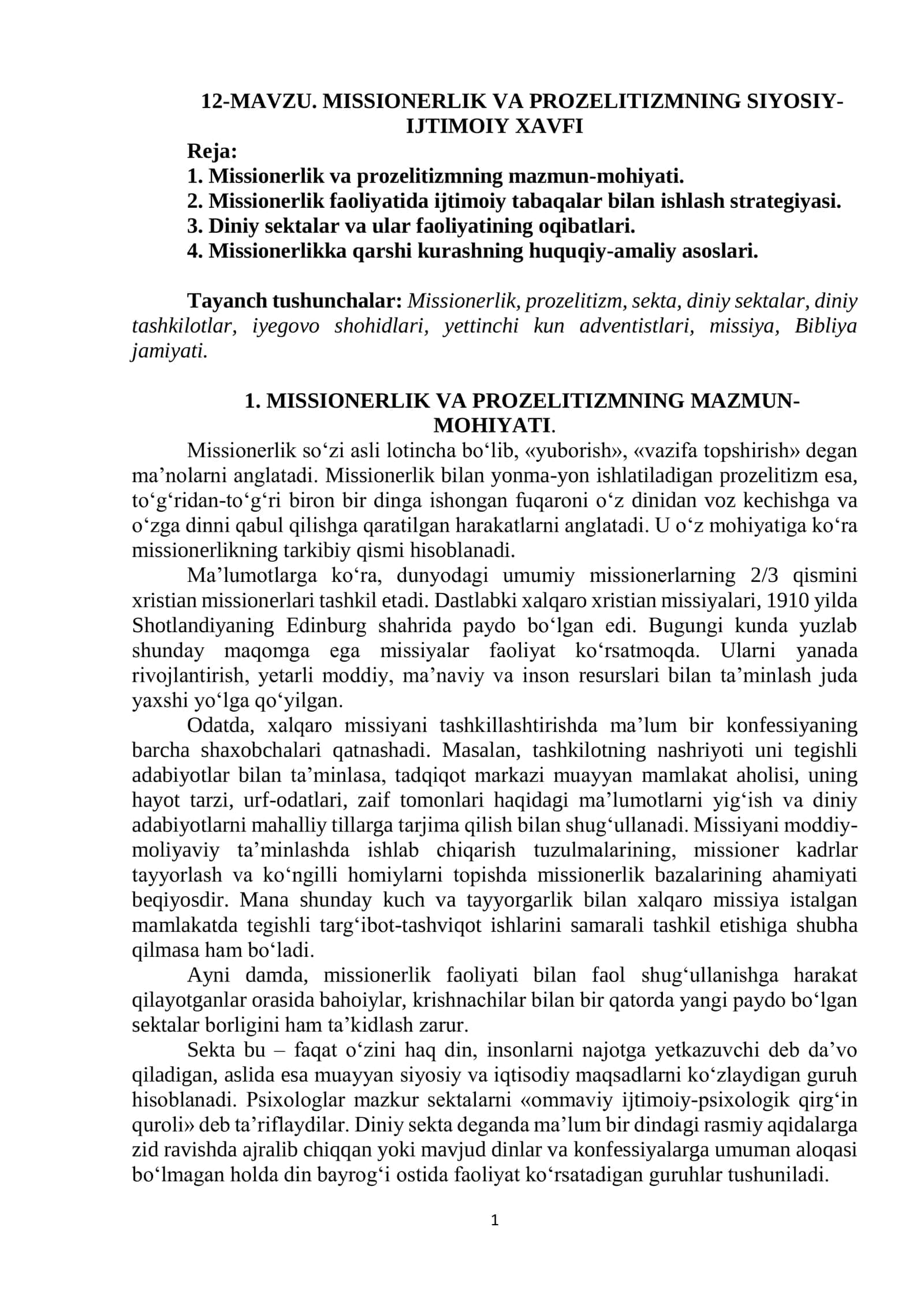 MISSIONERLIK VA PROZELITIZMNING SIYOSIY-IJTIMOIY XAVFI