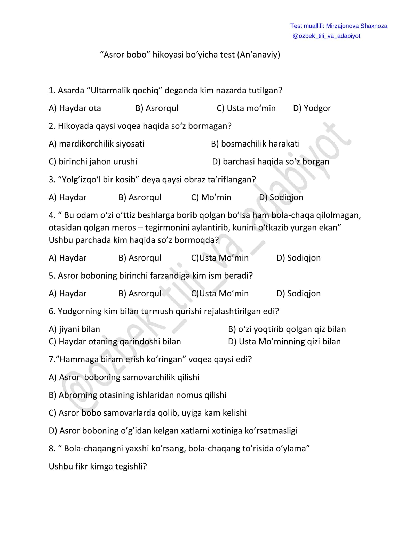 “Asror bobo” hikoyasi bo‘yicha test (An’anaviy)