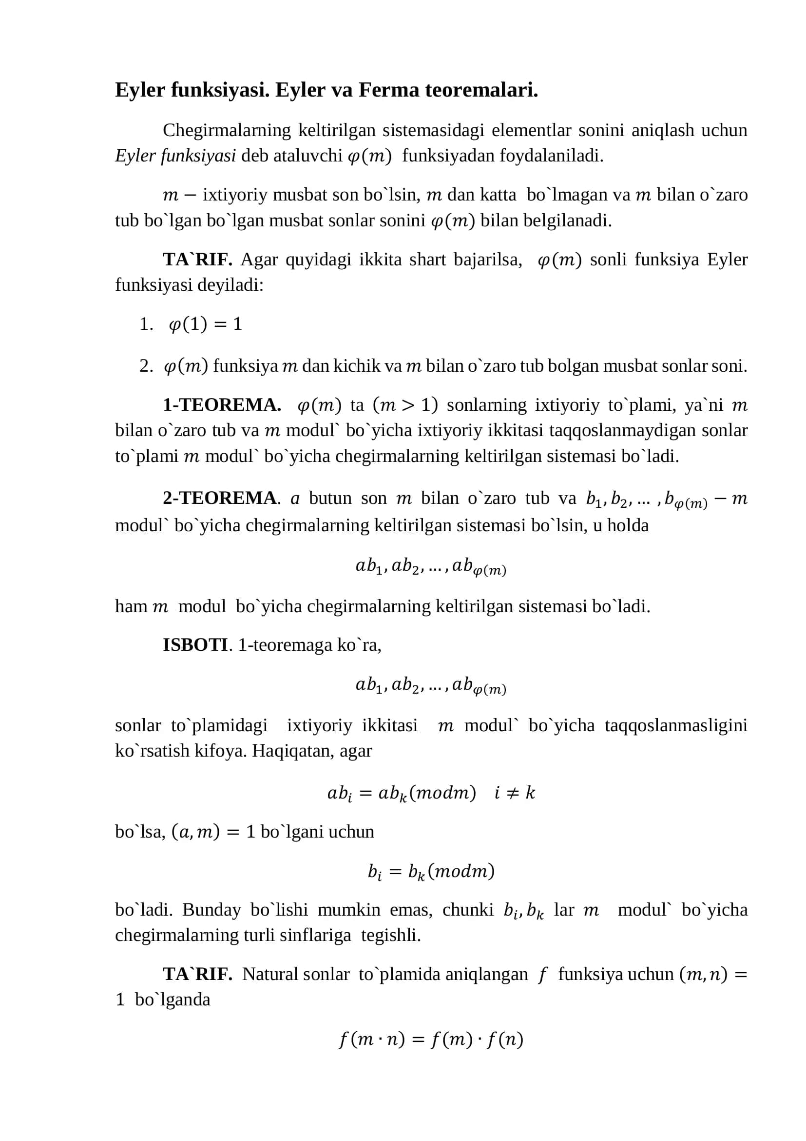 Eyler funksiyasi. Eyler va Ferma teoremalari