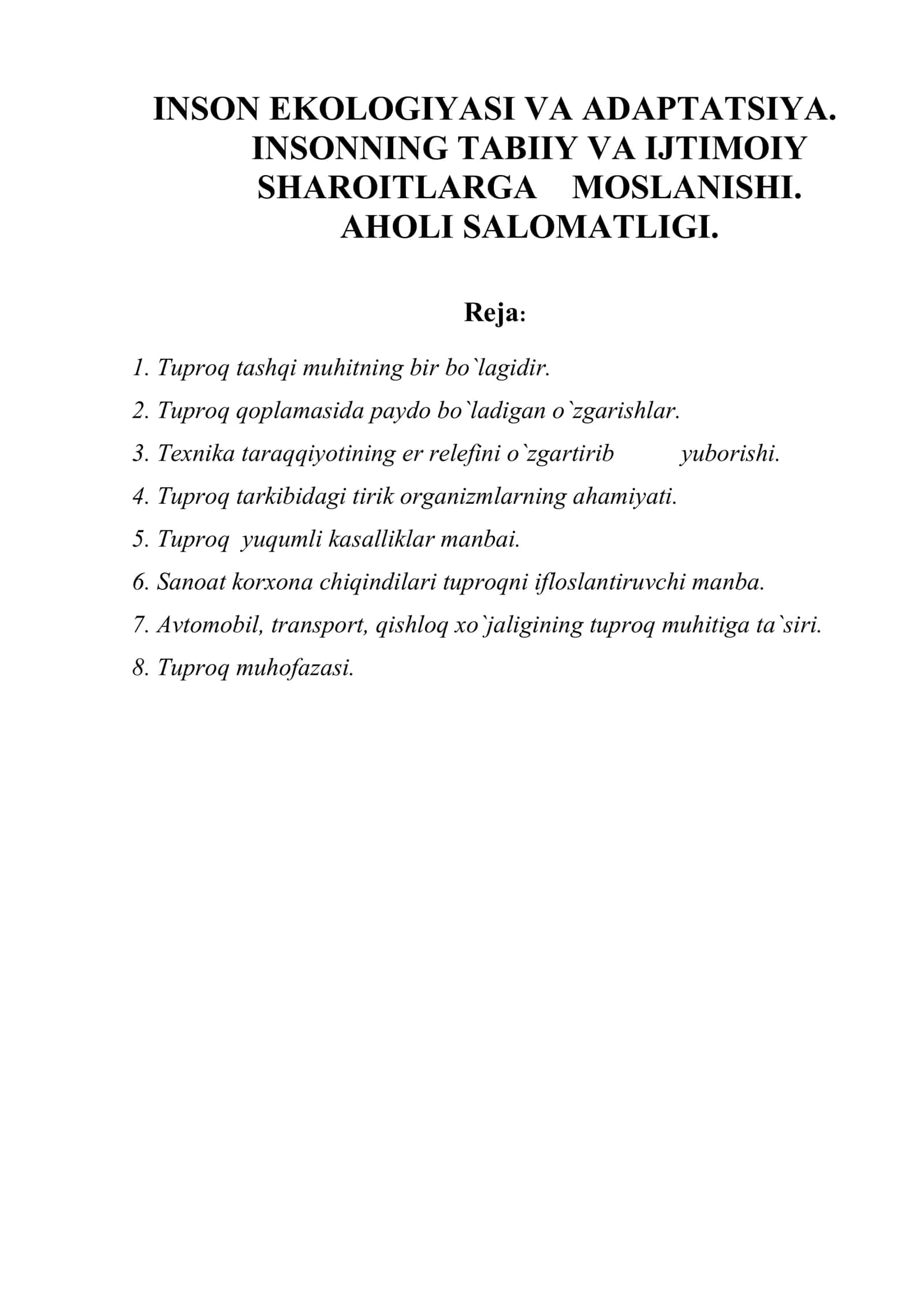 INSON EKOLOGIYASI VA ADAPTATSIYA