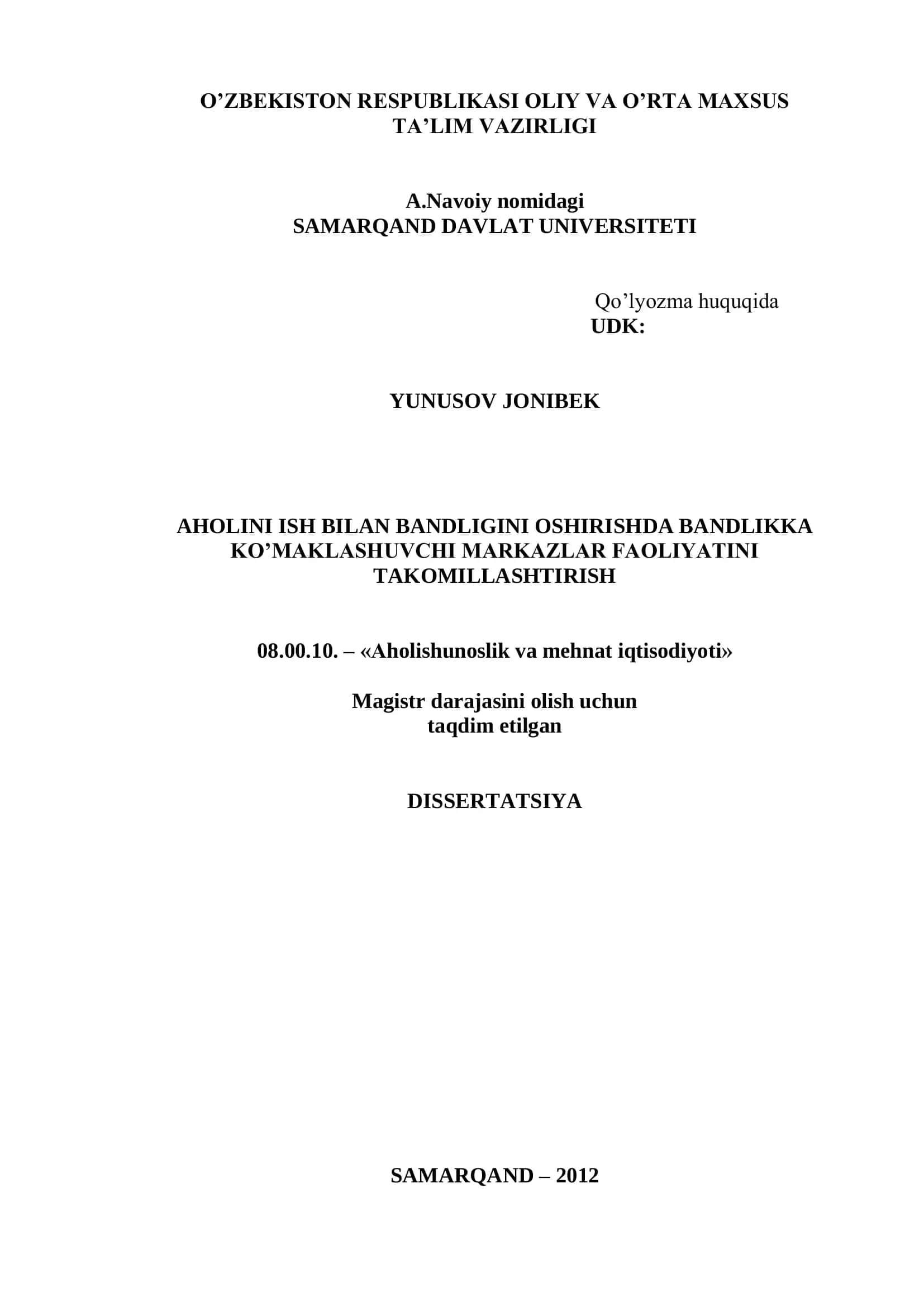 "Aholini ish bilan bandligini oshirishda Bandlikka ko’maklashuvchi markazlar faoliyatini takomillashtirish"