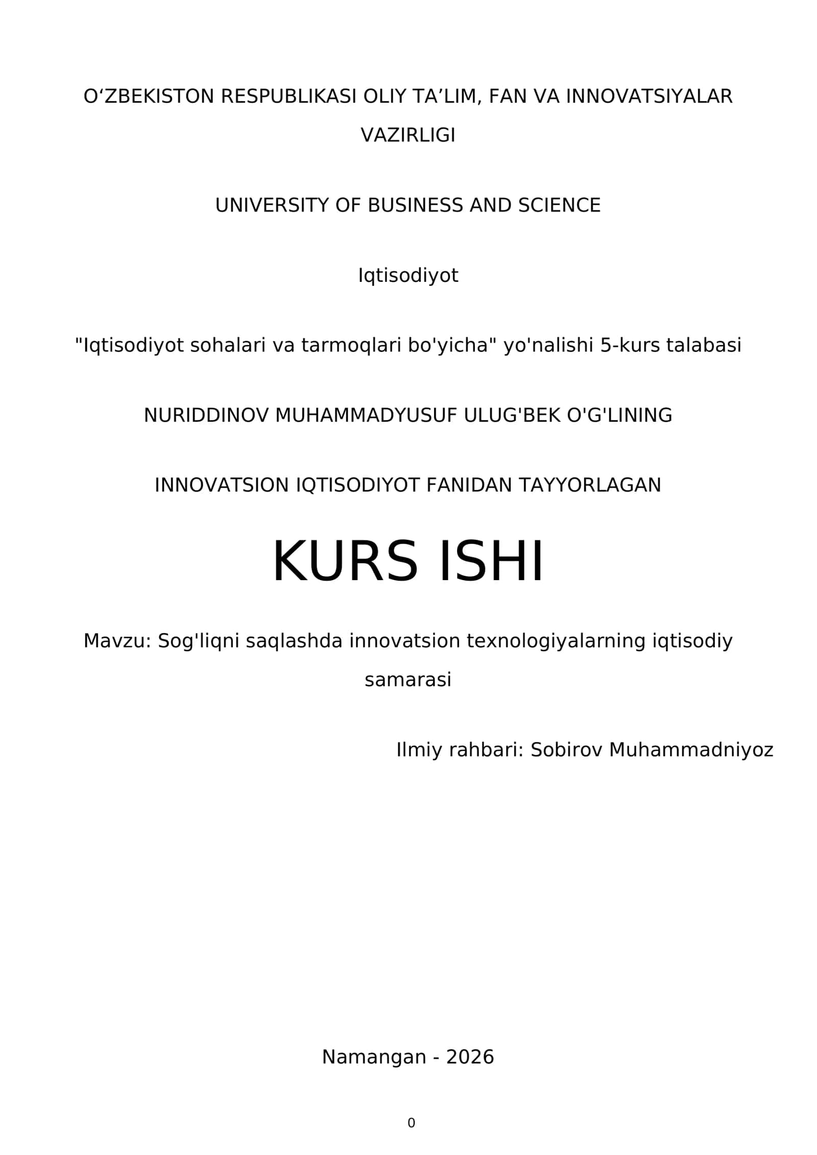 Innovatsion iqtisodiyot fanidan tayyorlagan kurs ishi