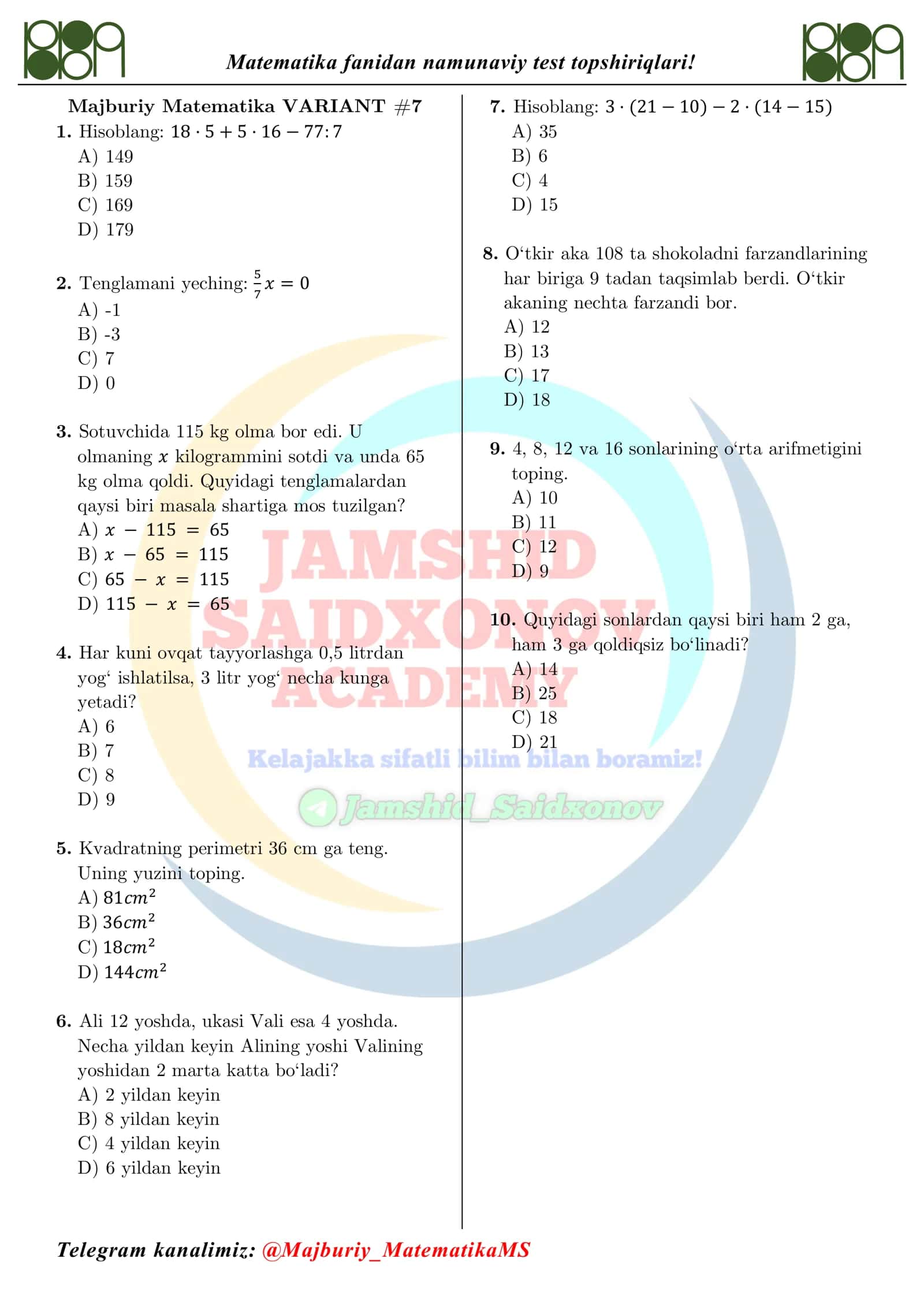 Majburiy Matematika VARIANT #7