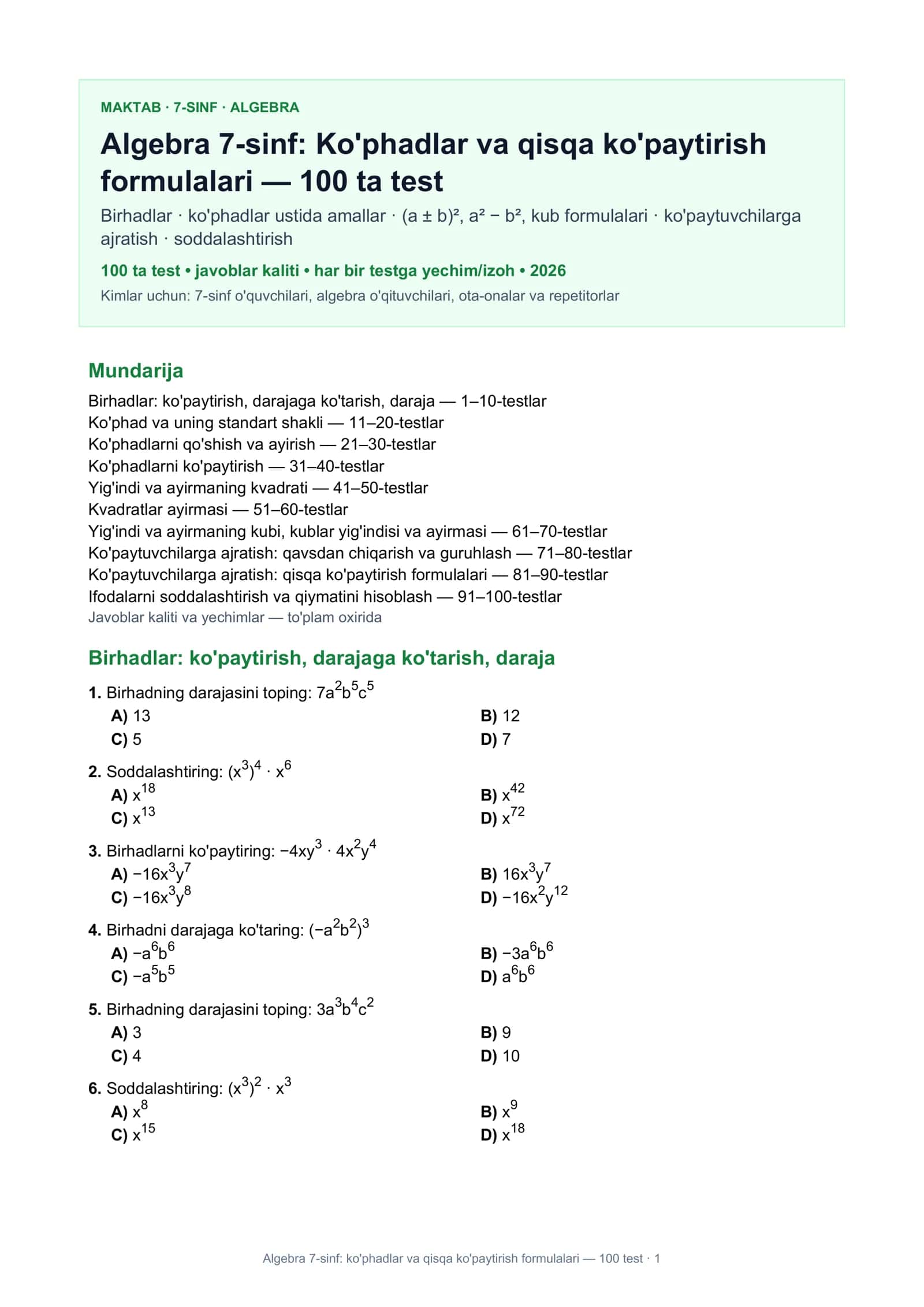 Algebra 7-sinf: ko'phadlar va qisqa ko'paytirish formulalari