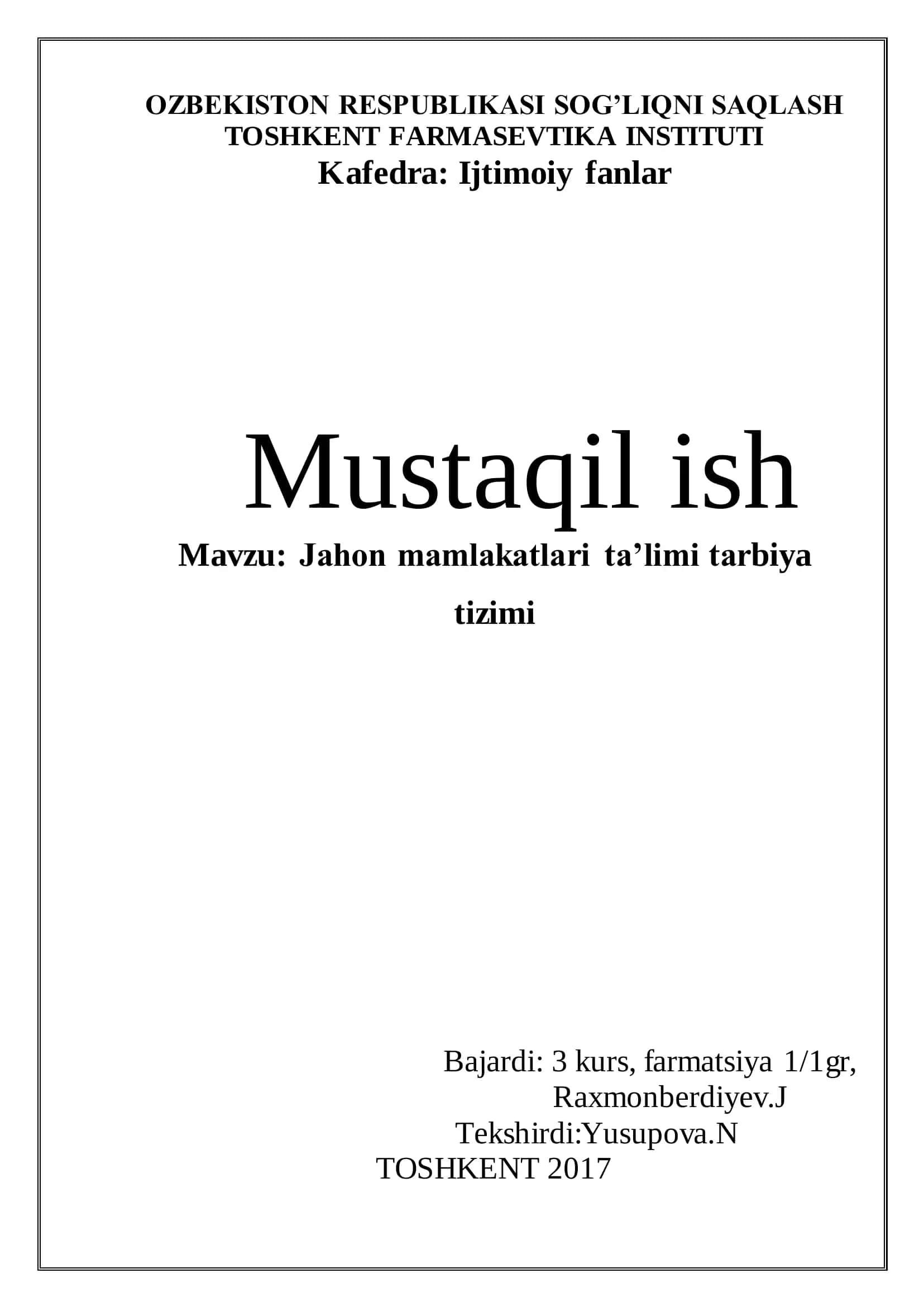 Jahon mamlakatlari ta‟limi tarbiya tizimi