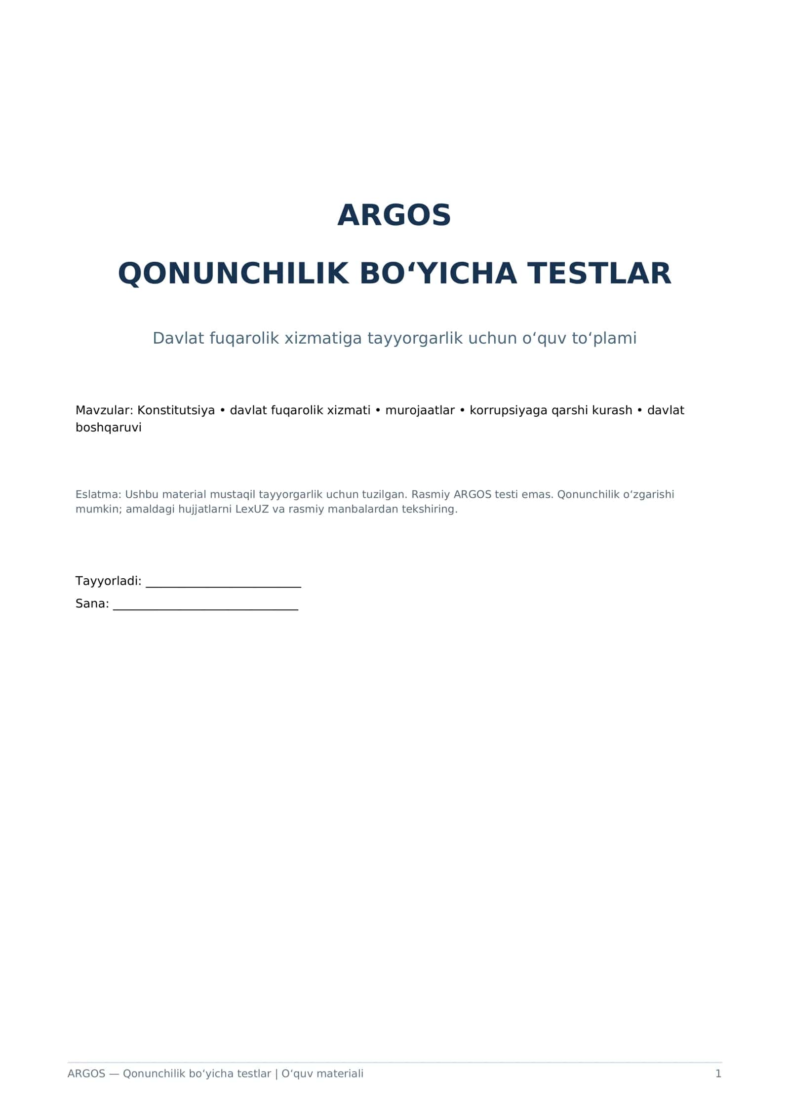 ARGOS qonunchilik bo‘yicha 25 ta test va javoblar kaliti — PDF