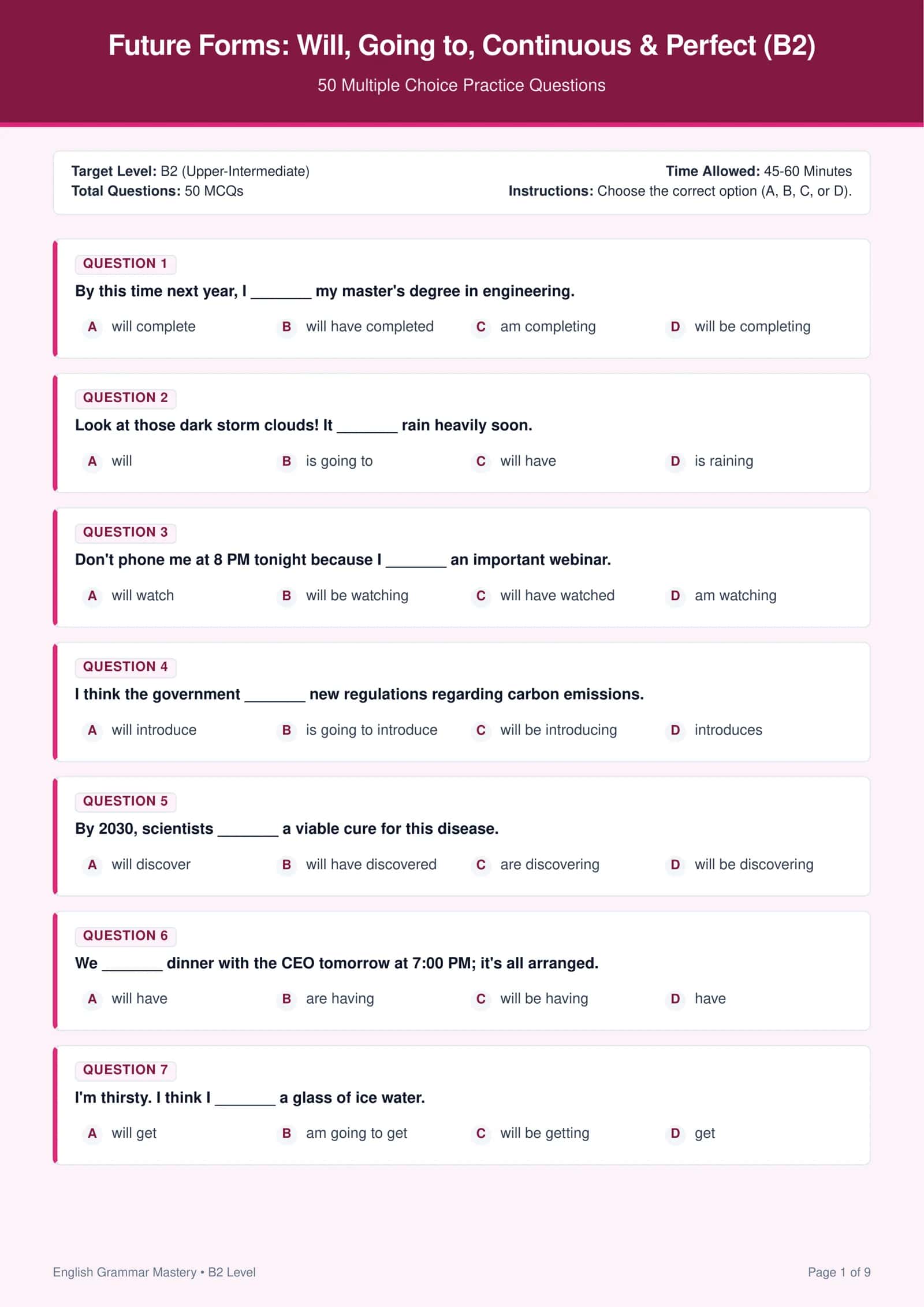 Future Forms (Will, Going to, Continuous & Perfect) (B2 Level) — 50 Ta Test