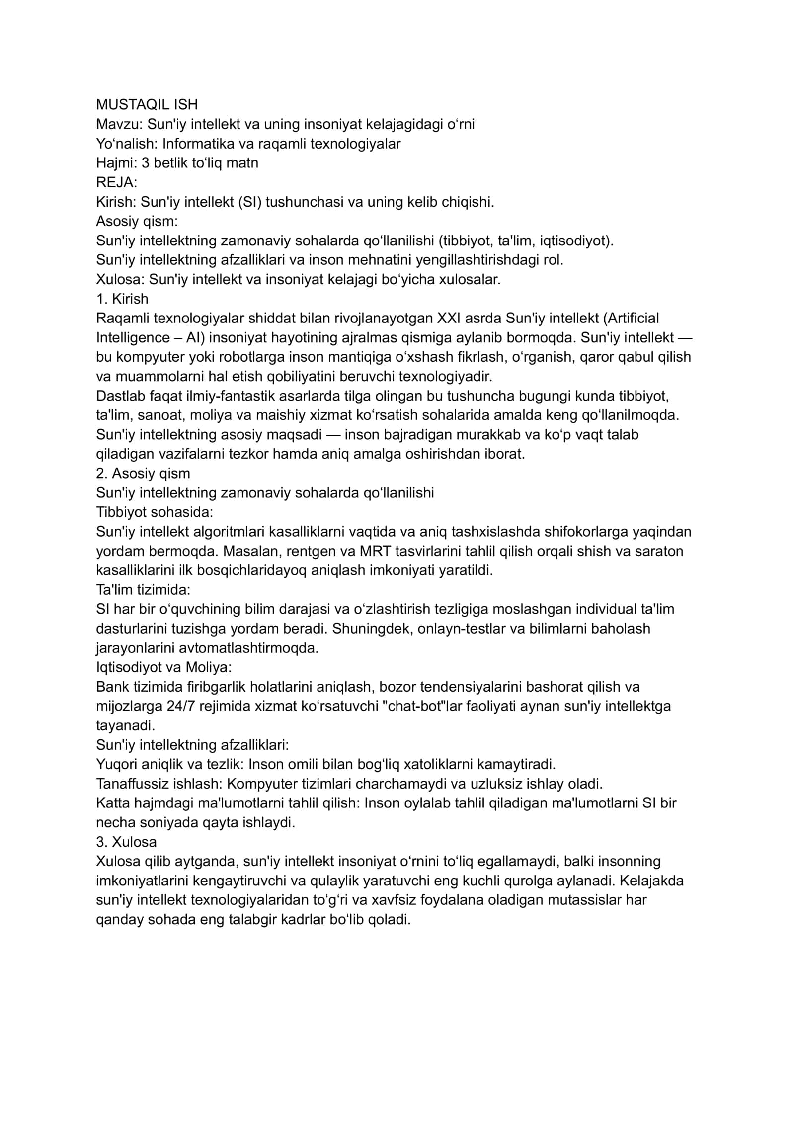 Sun'iy intellekt va uning insoniyat kelajagidagi o‘rni
