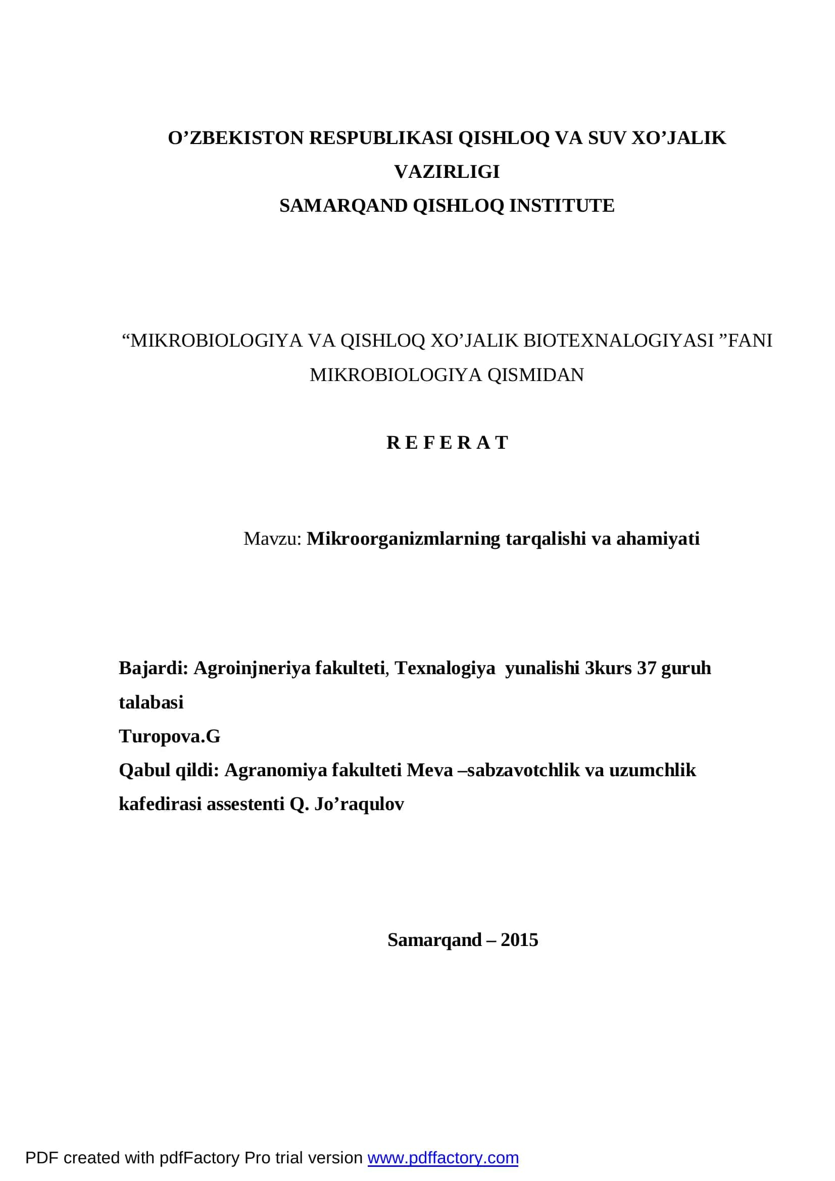 MIKROBIOLOGIYA VA QISHLOQ XO’JALIK BIOTEXNALOGIYASI