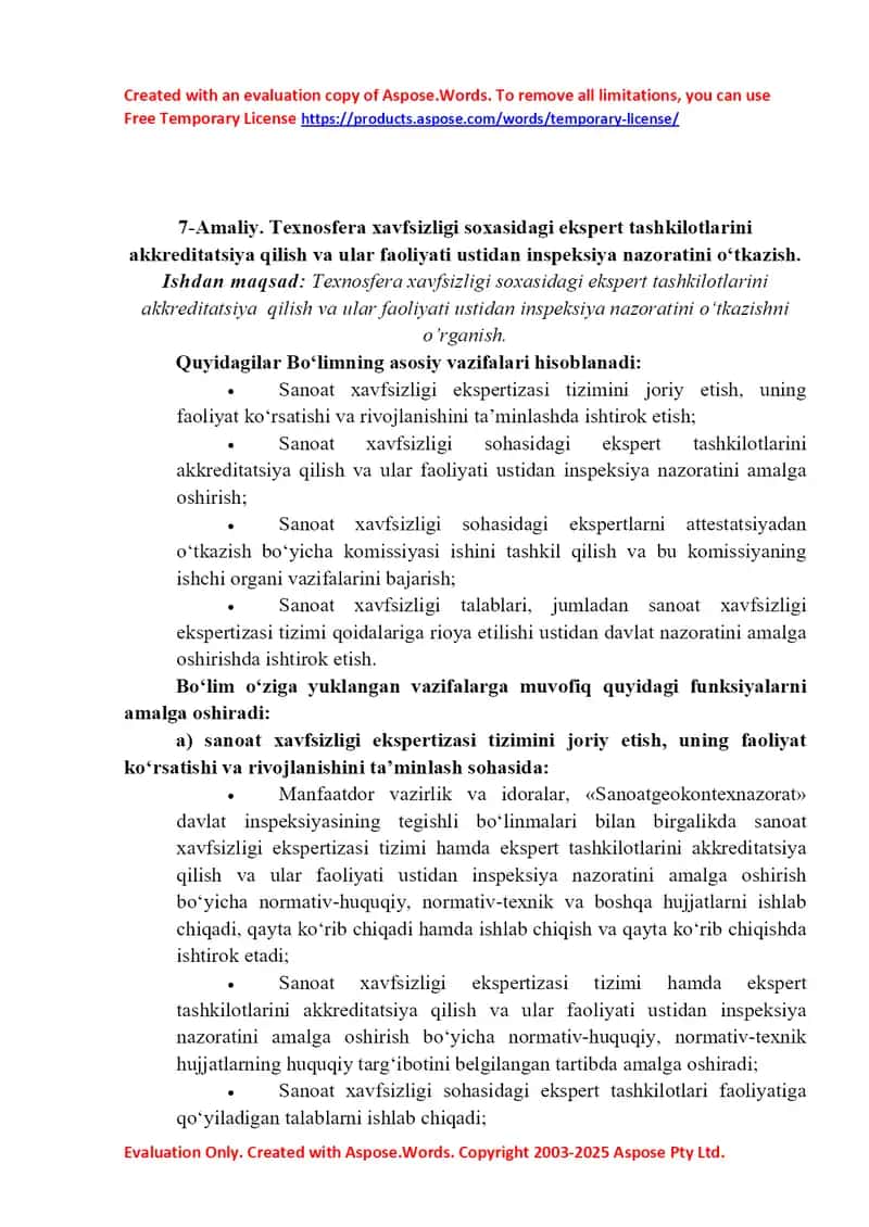 Ekspert tashkilotlarini akkreditatsiya qilish va ular faoliyati ustidan inspeksiya nazoratini o‘tkazish